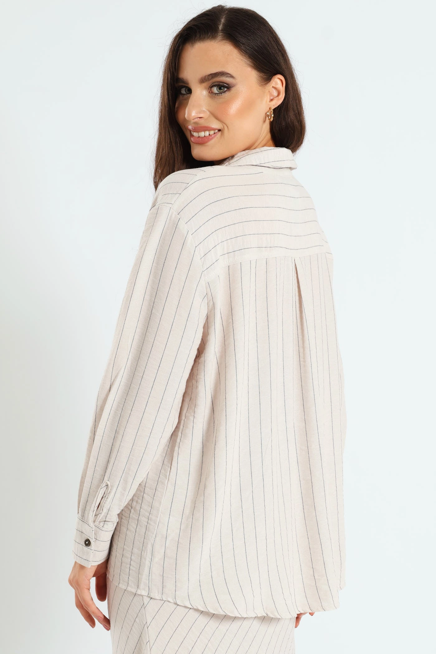 Reinforced Neckline Long Sleeve Vertical Stripe Linen Shirt - Cream/Black