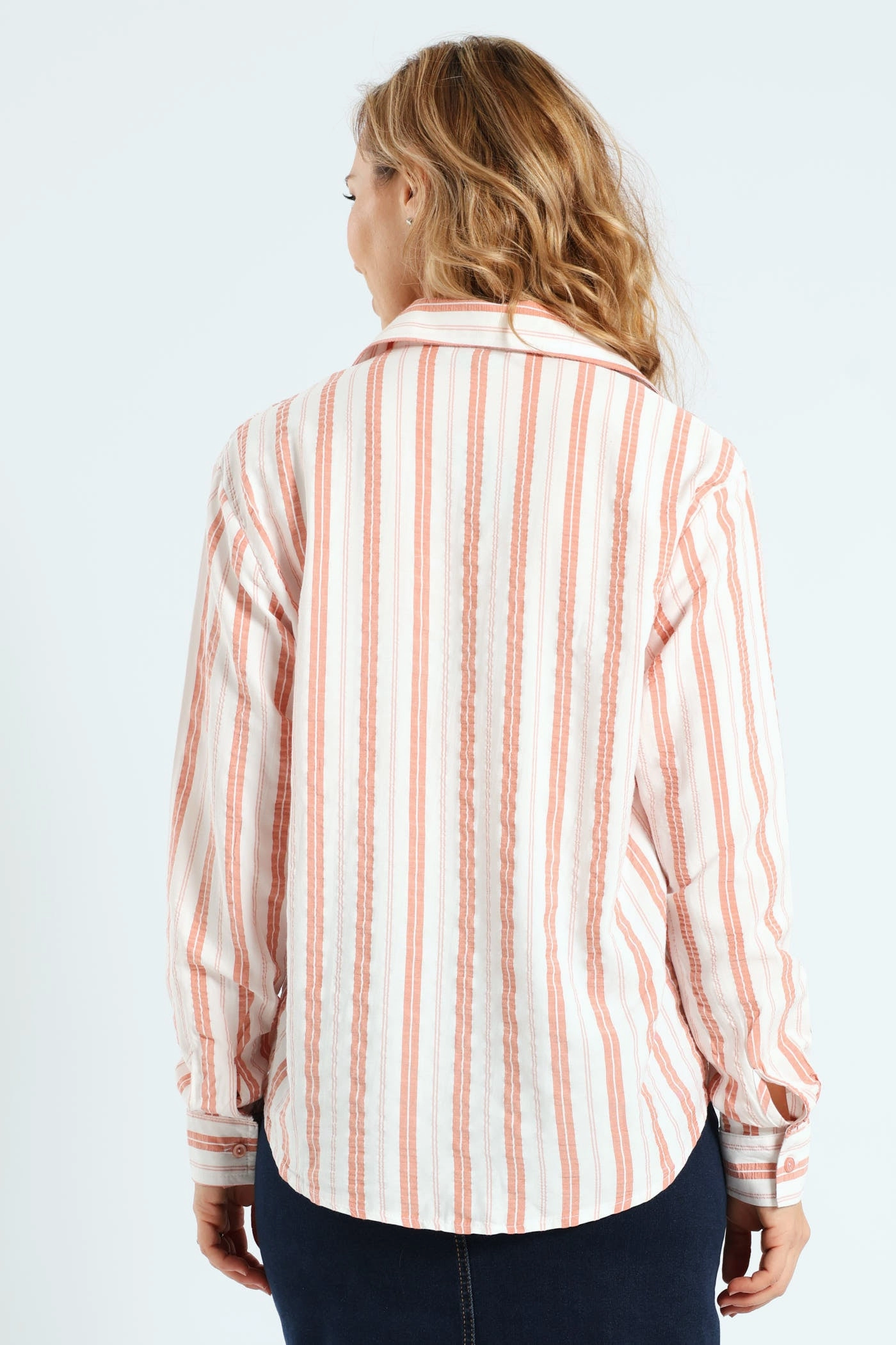 Long Sleeve Yarn Dye Stripe Seersucker Oversized Shirt - White/Blush Seamless Design