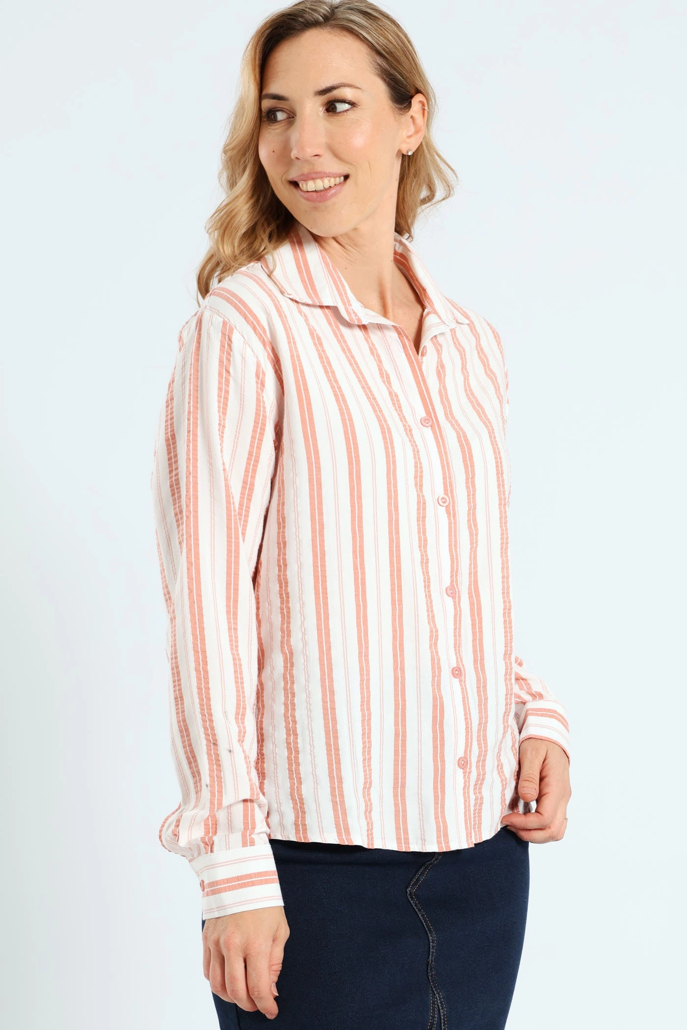 Compact Jacquard Weave Long Sleeve Yarn Dye Stripe Seersucker Oversized Shirt - White/Blush