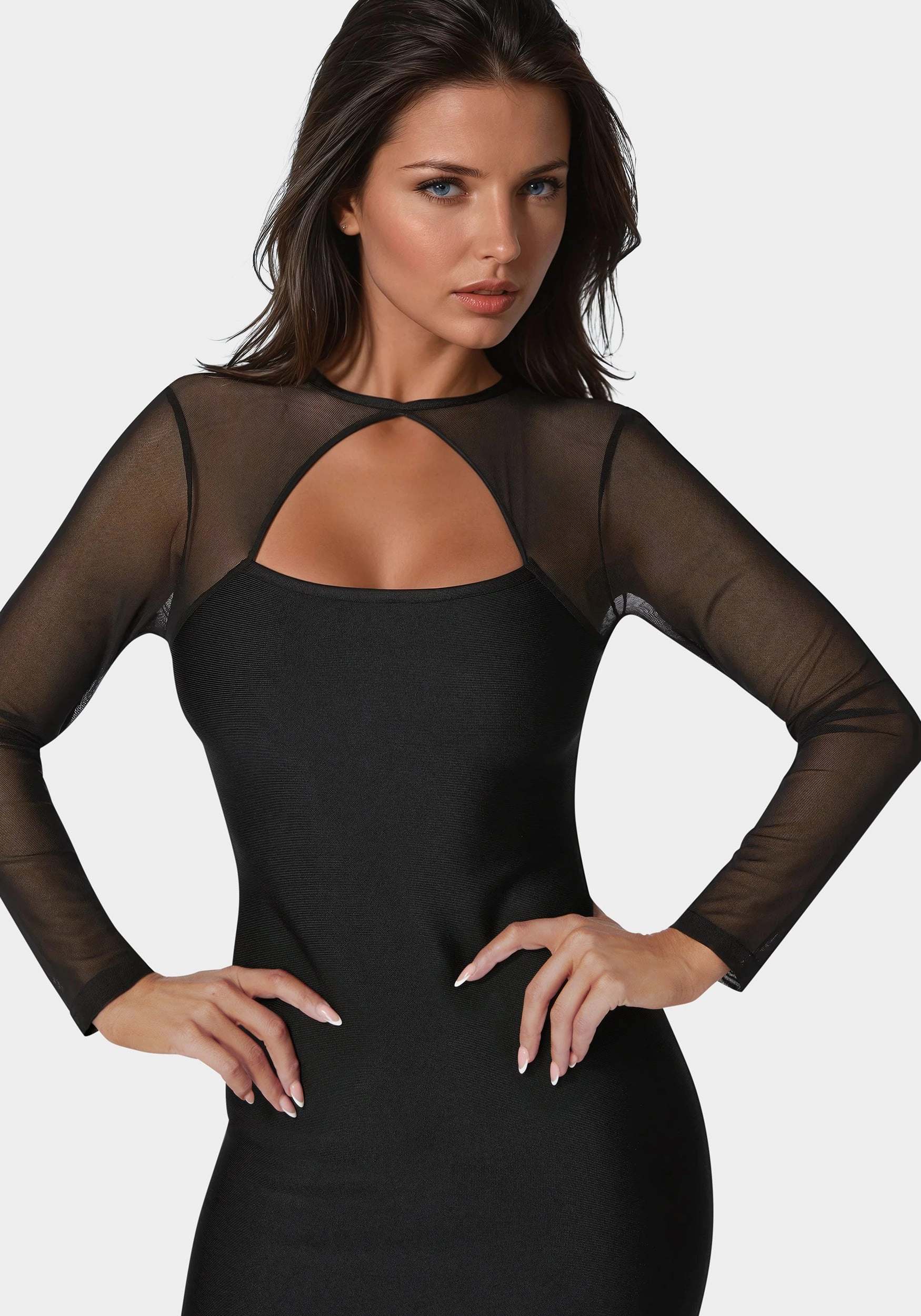 High low hem Sleek Draping Longsleeve Mesh Peek A Boo Bandage Dress
