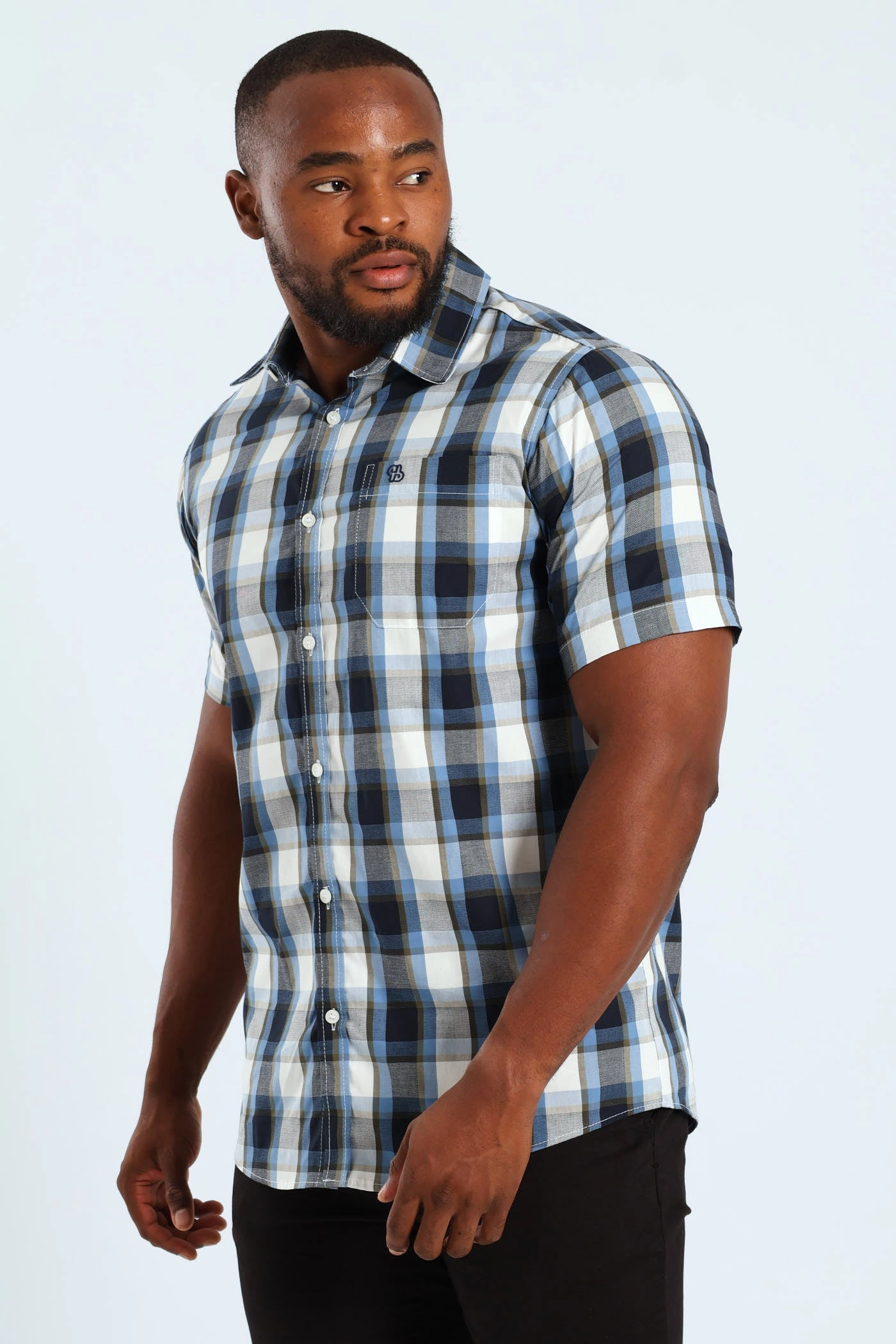 Short Sleeve Check Shirt - Fatigue/Navy Trendsetter Choice Chic Look