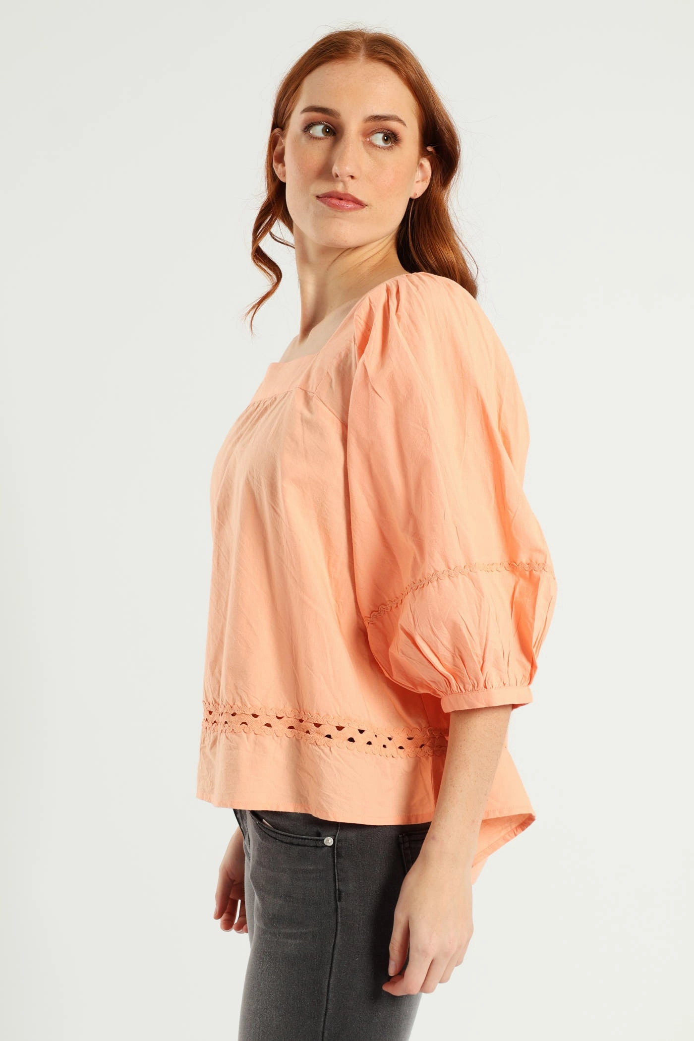 Adjustable Cuff System Balloon Sleeve Rick-Rack Detail Square Neck Blouse - Light Coral