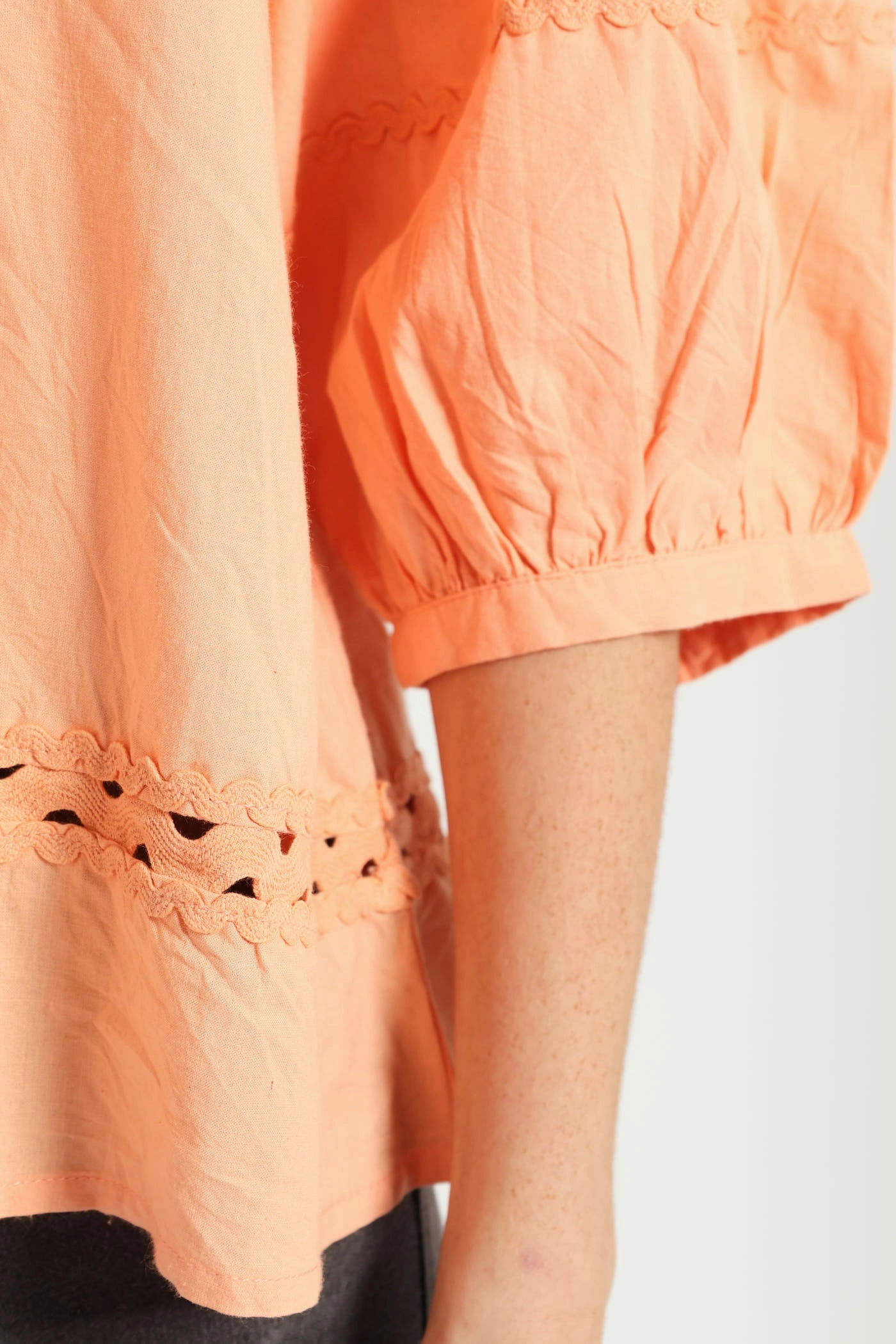 Balloon Sleeve Rick-Rack Detail Square Neck Blouse - Light Coral BuiltInLayer