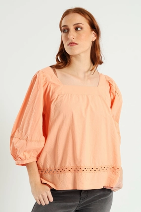 Ethical production Button Down Collar Balloon Sleeve Rick-Rack Detail Square Neck Blouse - Light Coral