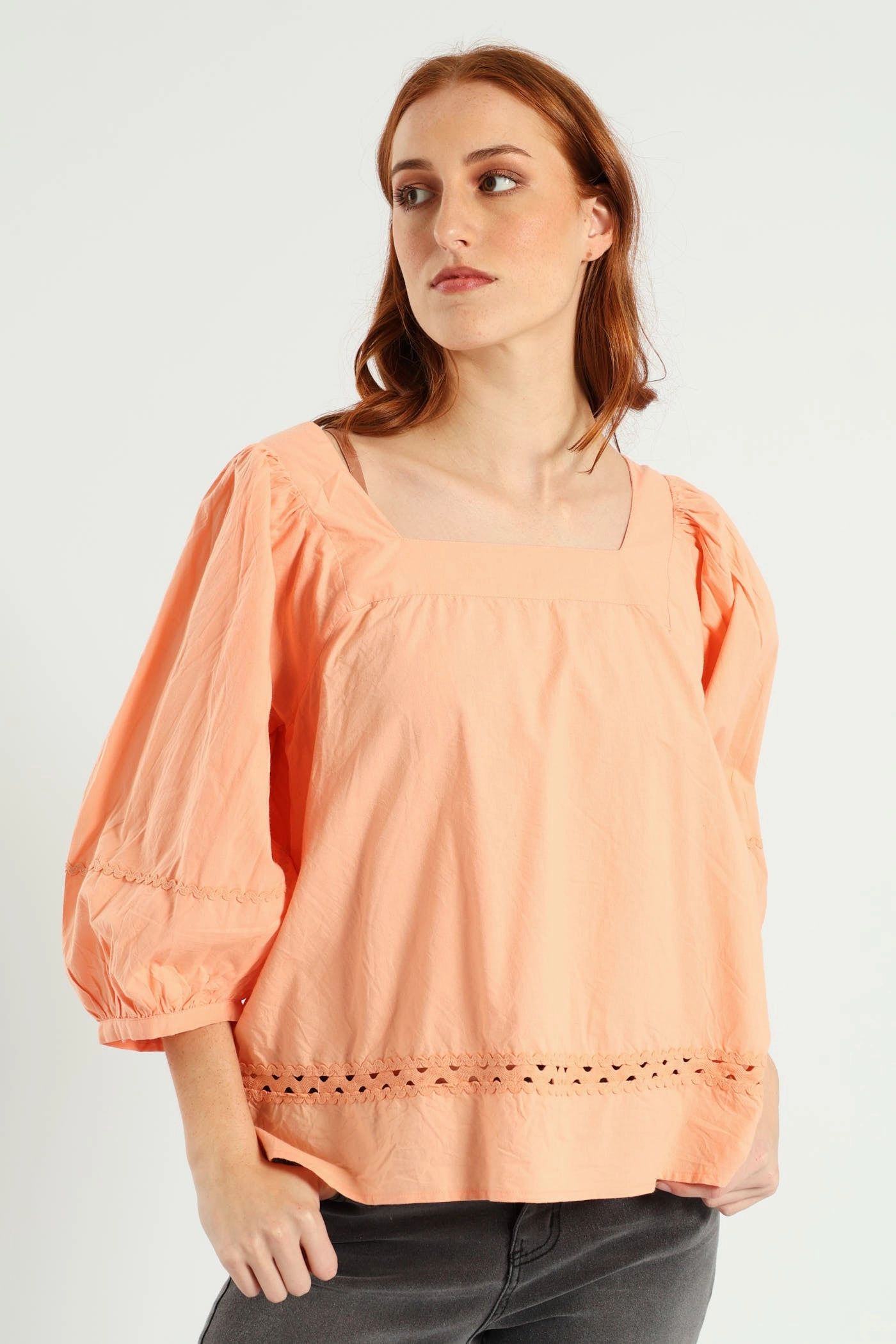 Ethical production Button Down Collar Balloon Sleeve Rick-Rack Detail Square Neck Blouse - Light Coral
