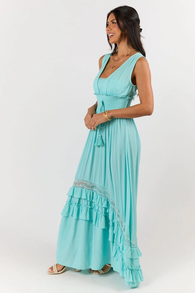 Soft and Light Travel Vibe Lucky To Have You Light Blue Sleeveless Maxi Dress SALE