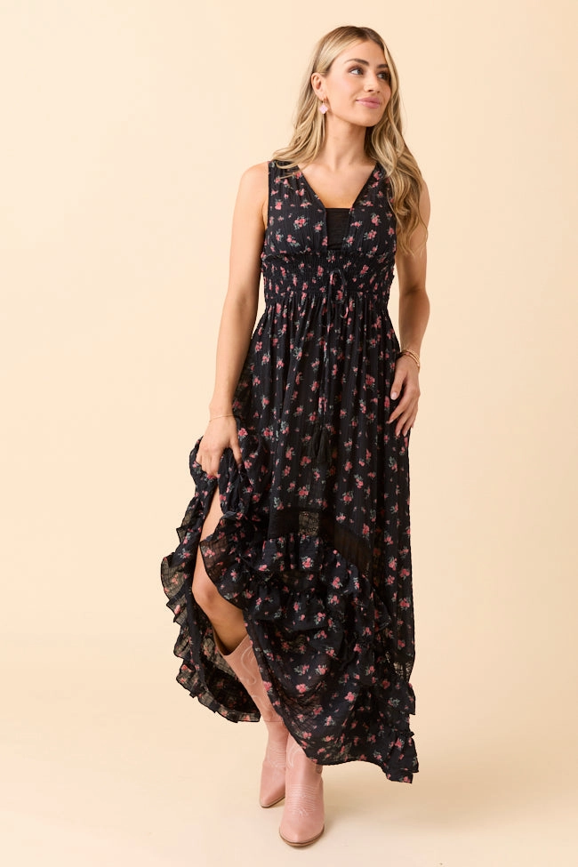 Anniversary-Event Lucky To Have You Sleeveless Black Floral Maxi Dress