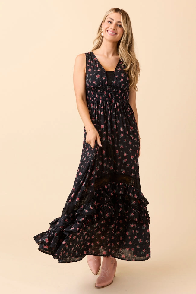 Boho Mood Air Comfort Lucky To Have You Sleeveless Black Floral Maxi Dress