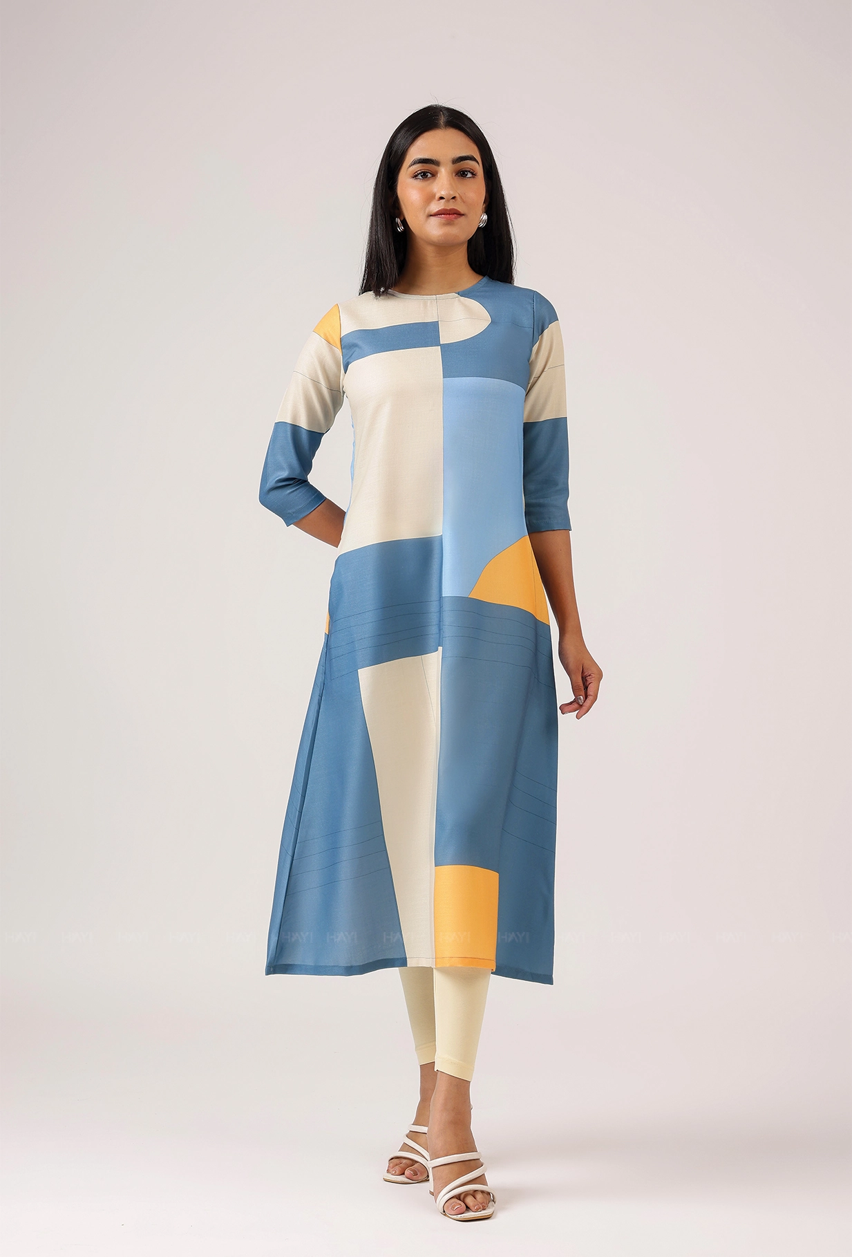 Cubed Blue with Grid Maze printed Linen Blend A-line Dress Weekend Style Bold-Color