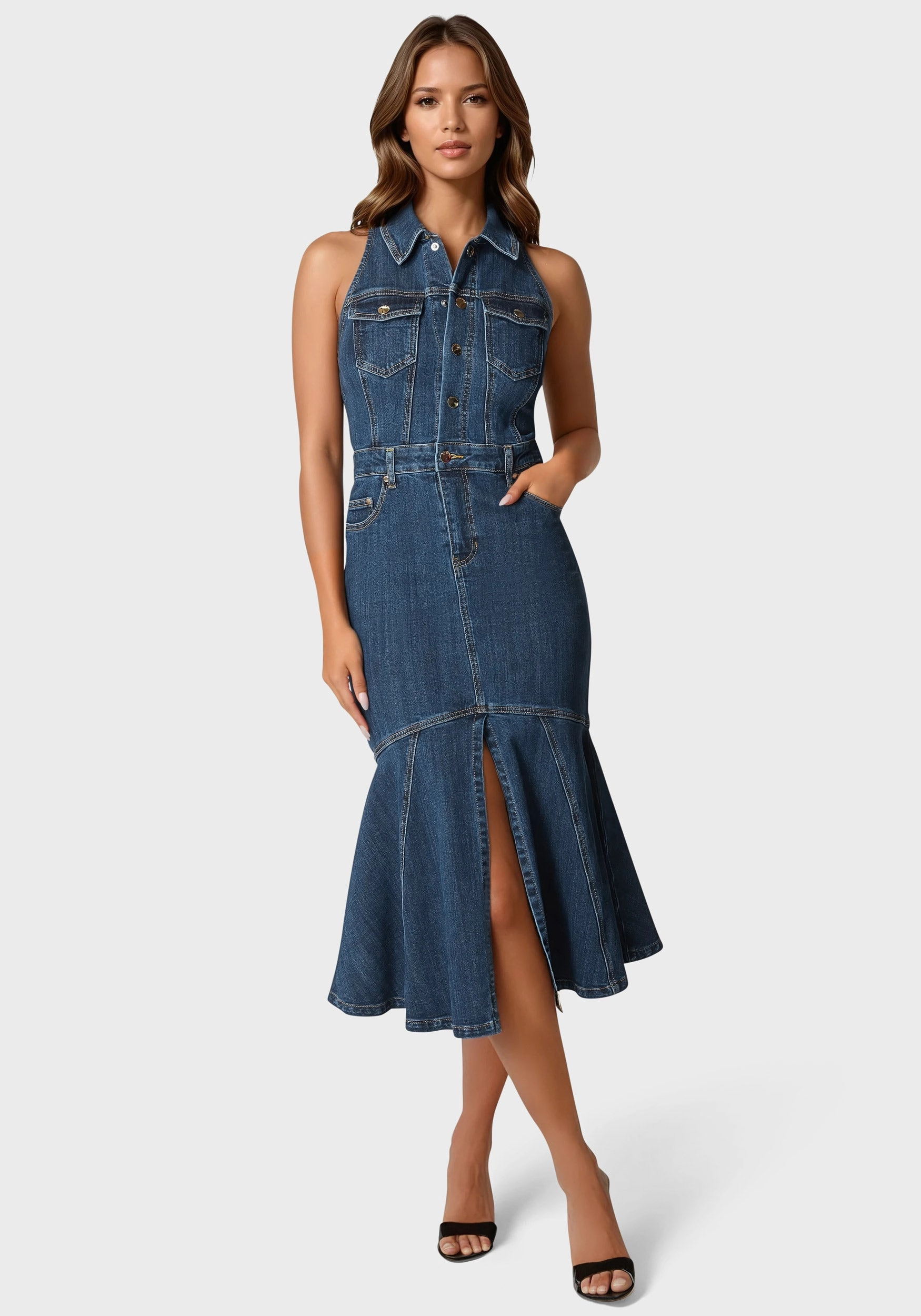 Halter Midi Denim Dress Side-Zip Cool Tone