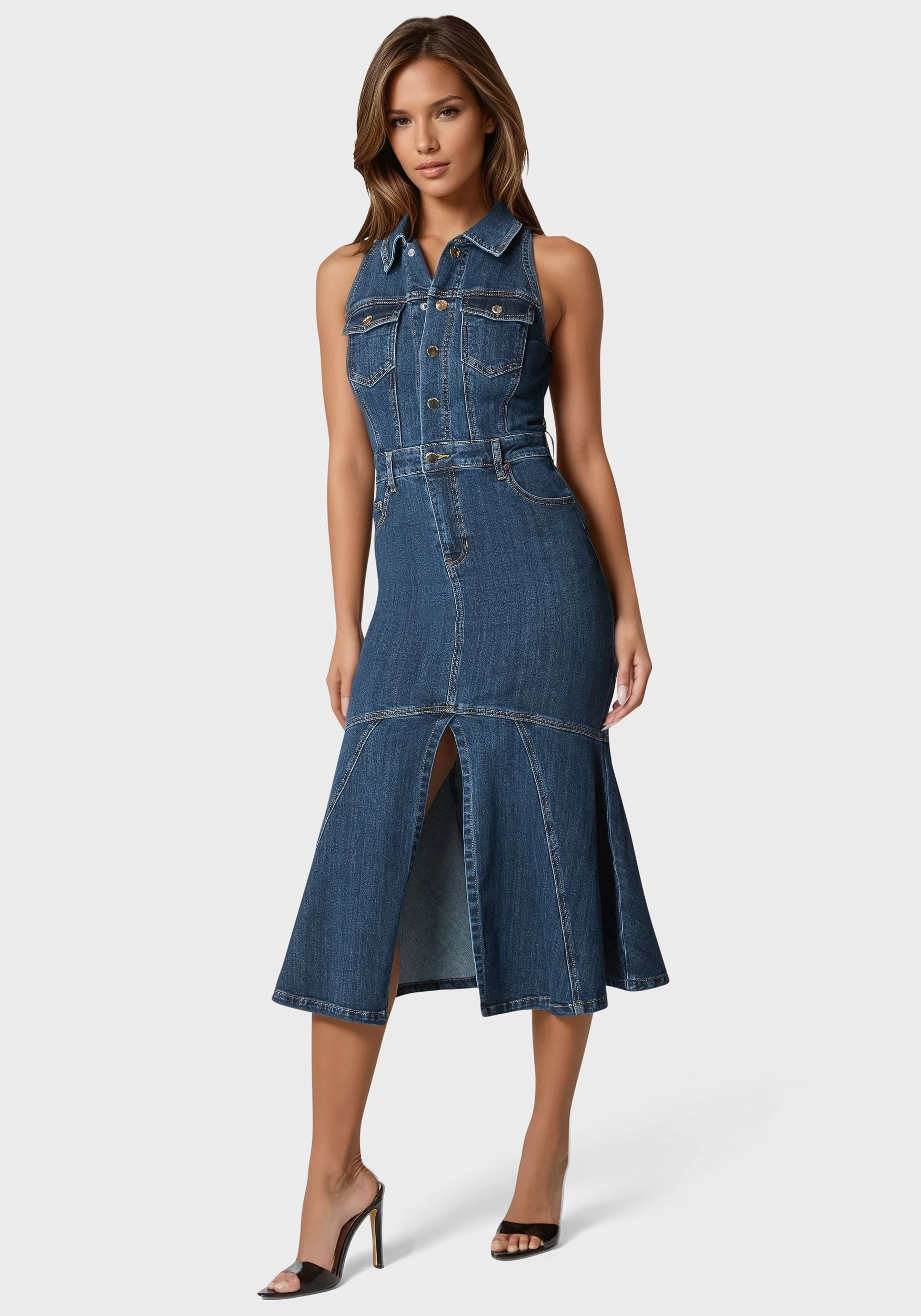 Halter Midi Denim Dress Luxe Mood