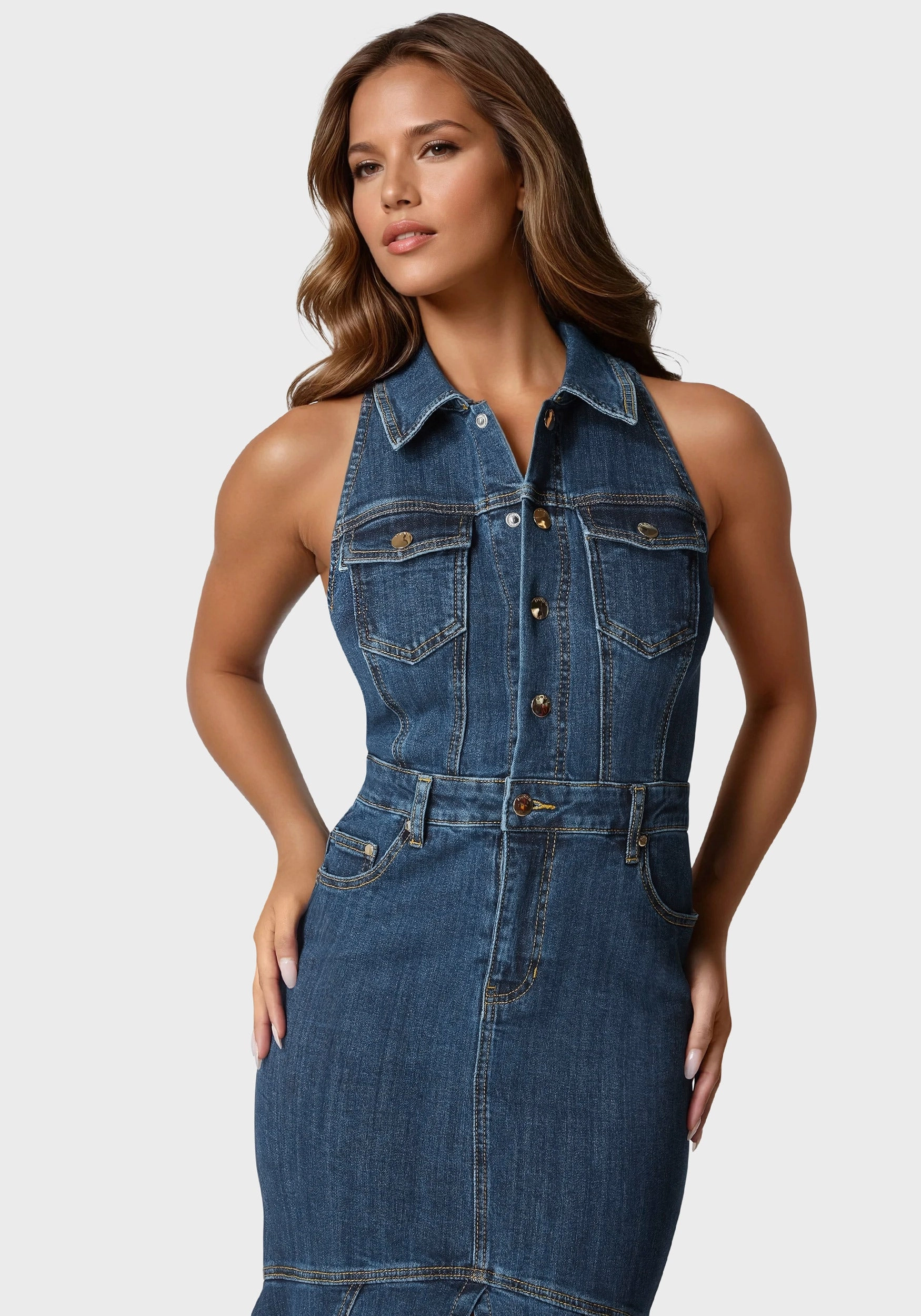 Jewel-Tone Halter Midi Denim Dress