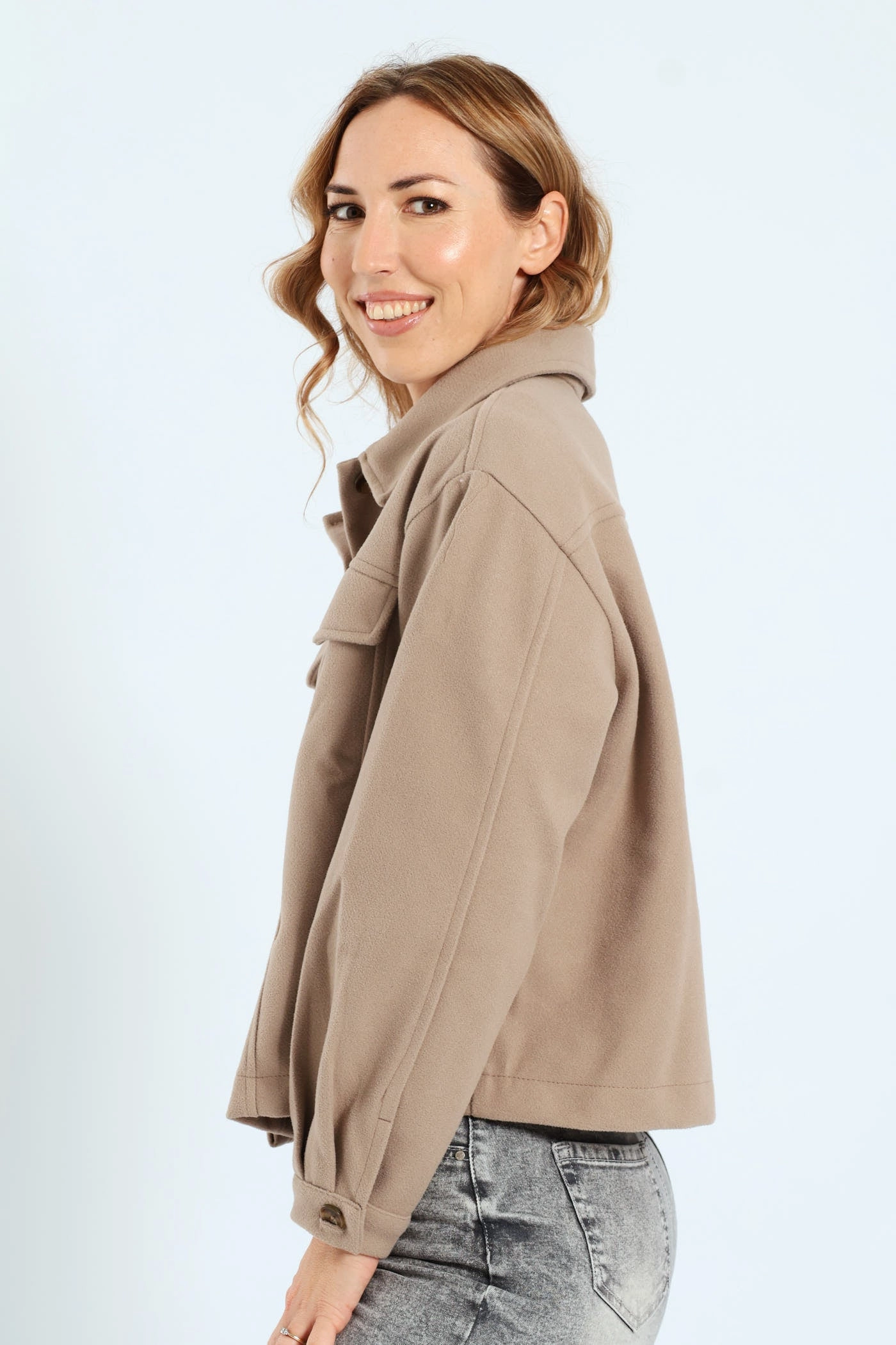 No Smell RecycledPolyester Utility Pocket Melton Trucker Jacket - Oatmeal Melange