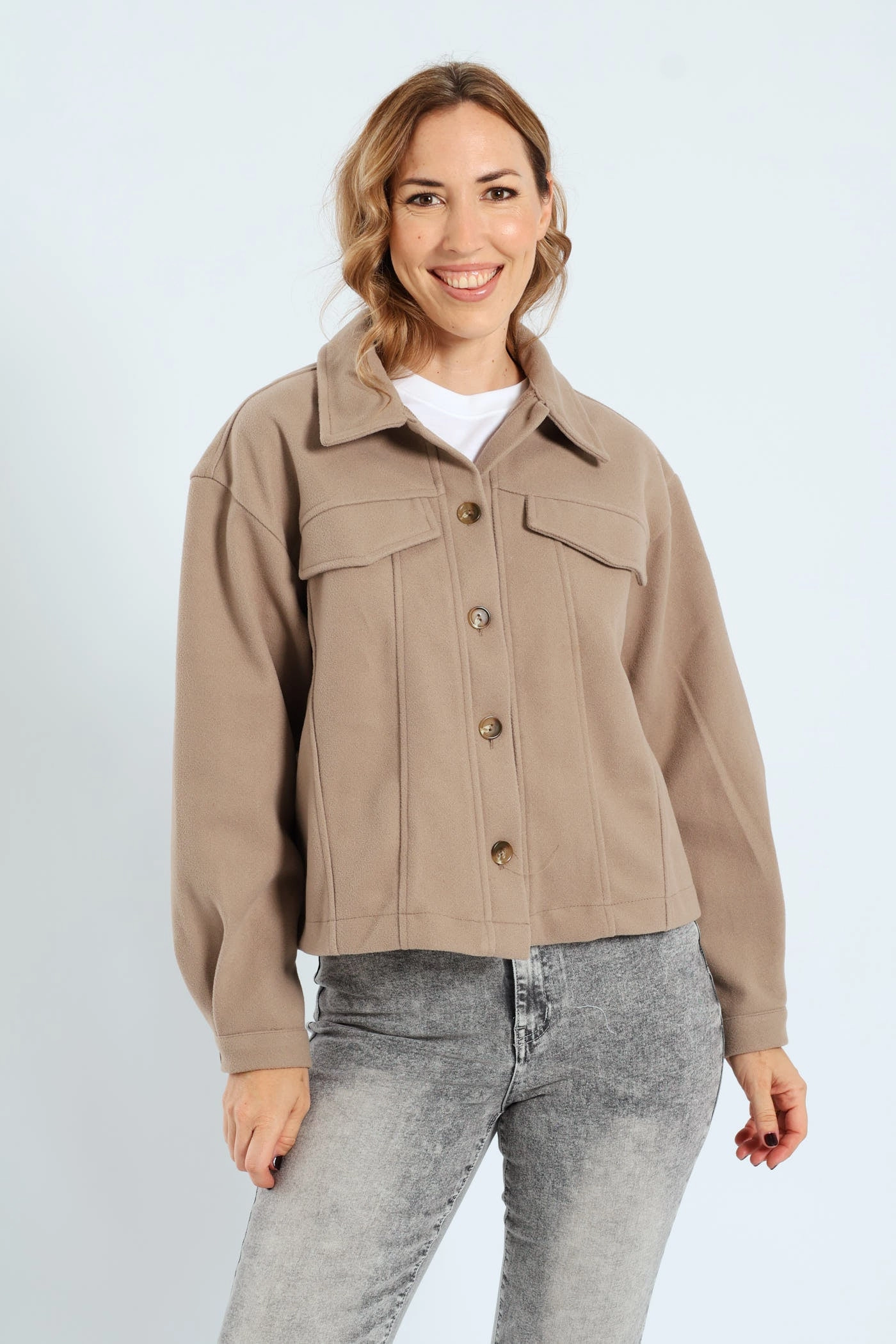Fit For Travel Utility Pocket Melton Trucker Jacket - Oatmeal Melange