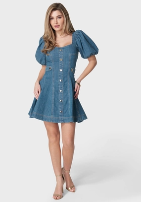 Birthday-Celebration Guest Shine Sweetheart Balloon Puff Sleeve Denim Dress