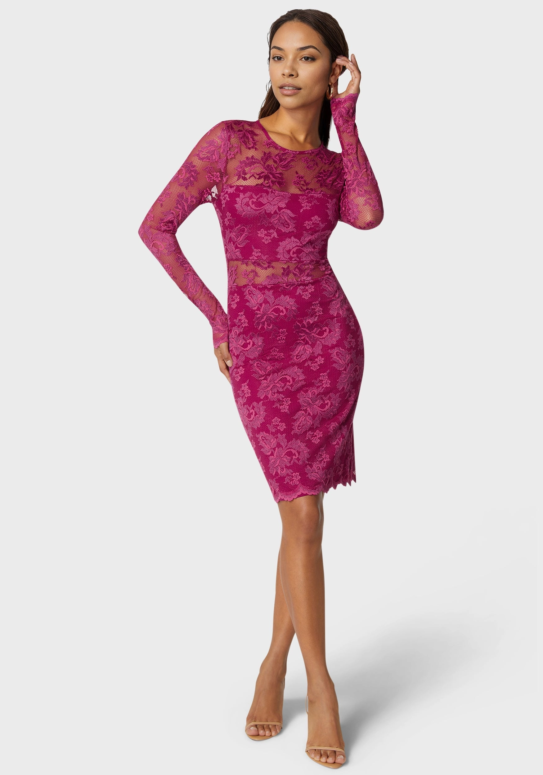 Floating Shape Marseille Lace Long Sleeve Illusion Dress