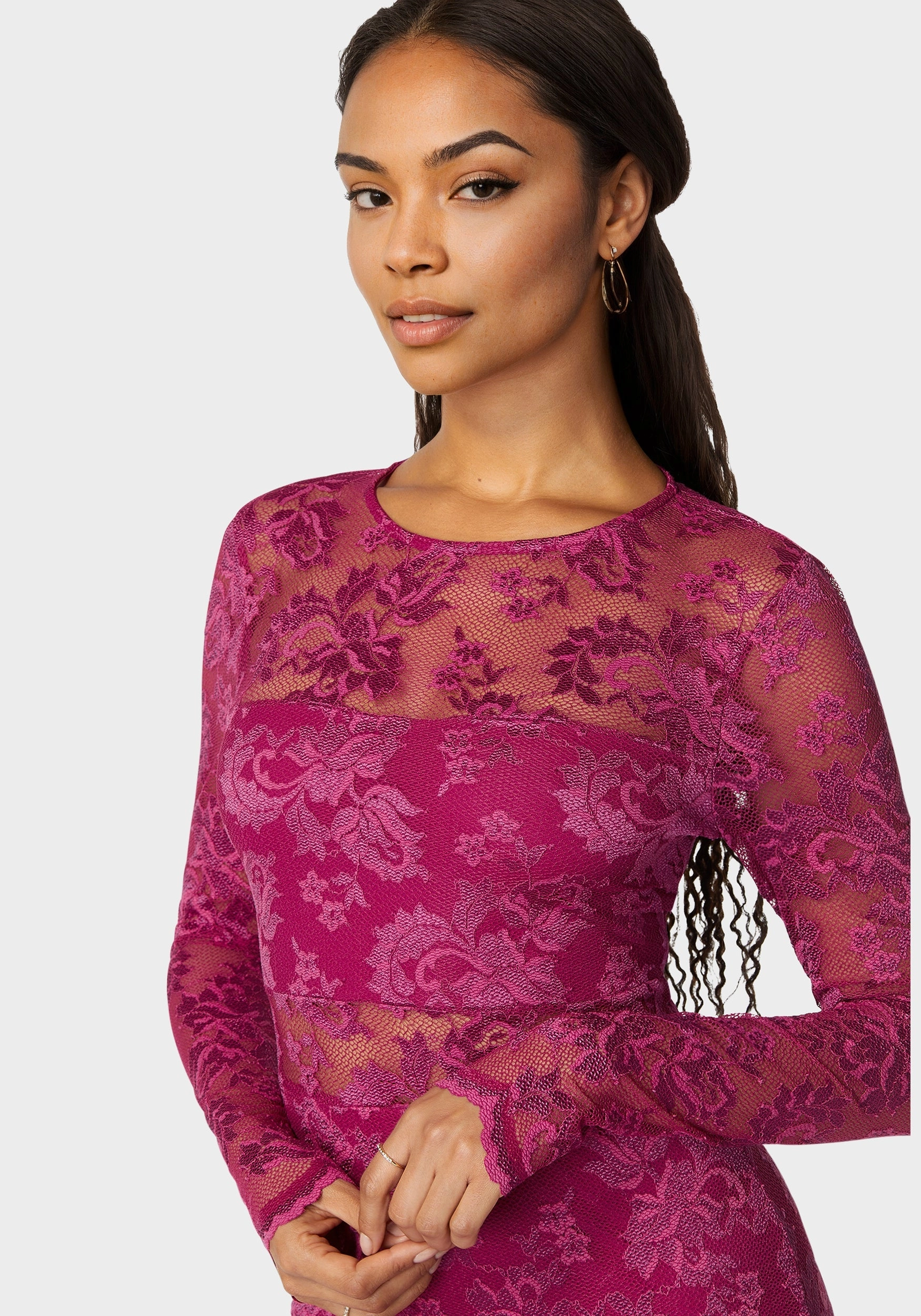 Side Ruching Marseille Lace Long Sleeve Illusion Dress