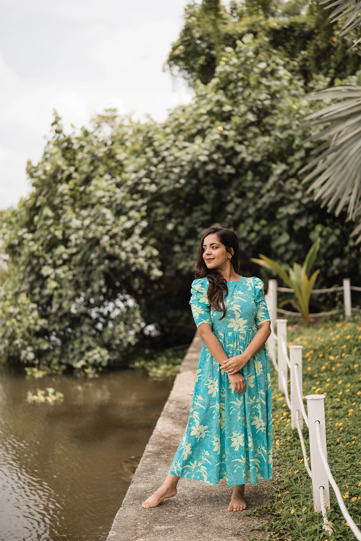 Maze Blue with Flourish Bloom floral printed Maternity and Feeding Viscose Dress Relaxed Design Side Tie