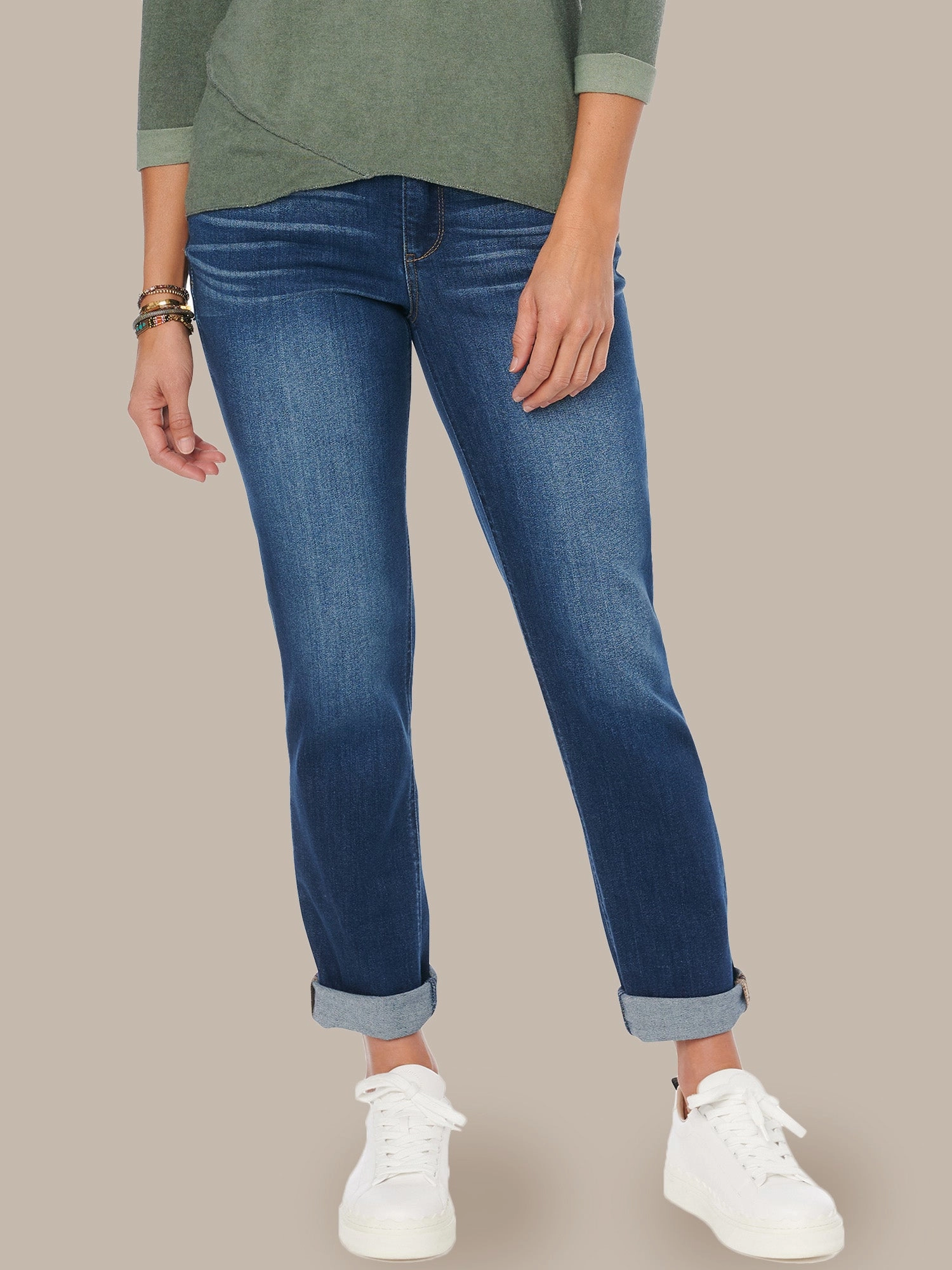 "Ab"solution? Cuffed Blue Denim Petite Girlfriend Jeans Luxury Student Outfit