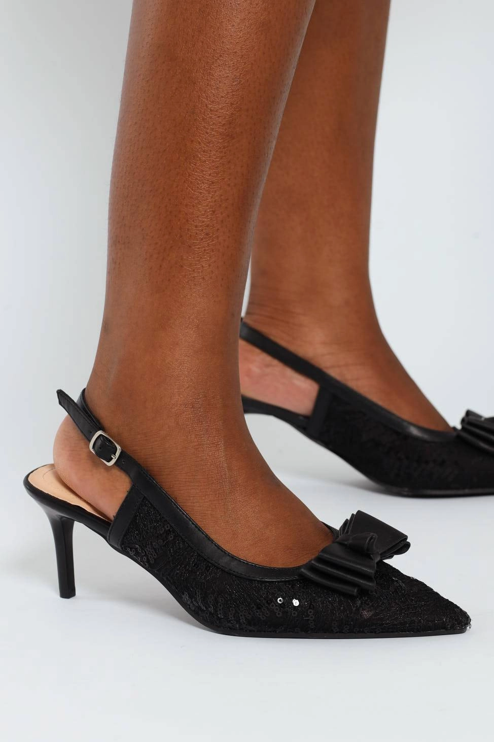 Mesh Detail Heel With Bow - Black Refined
