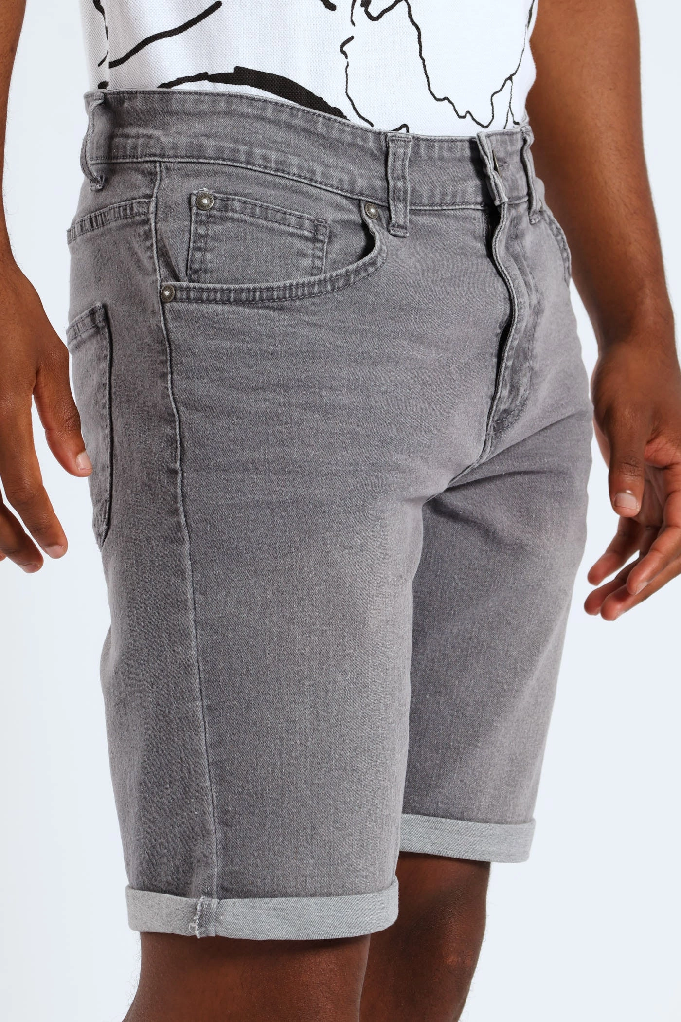 Anti Sag Technology Mesh Ventilation Panels Basic Wash Denim Shorts - Grey