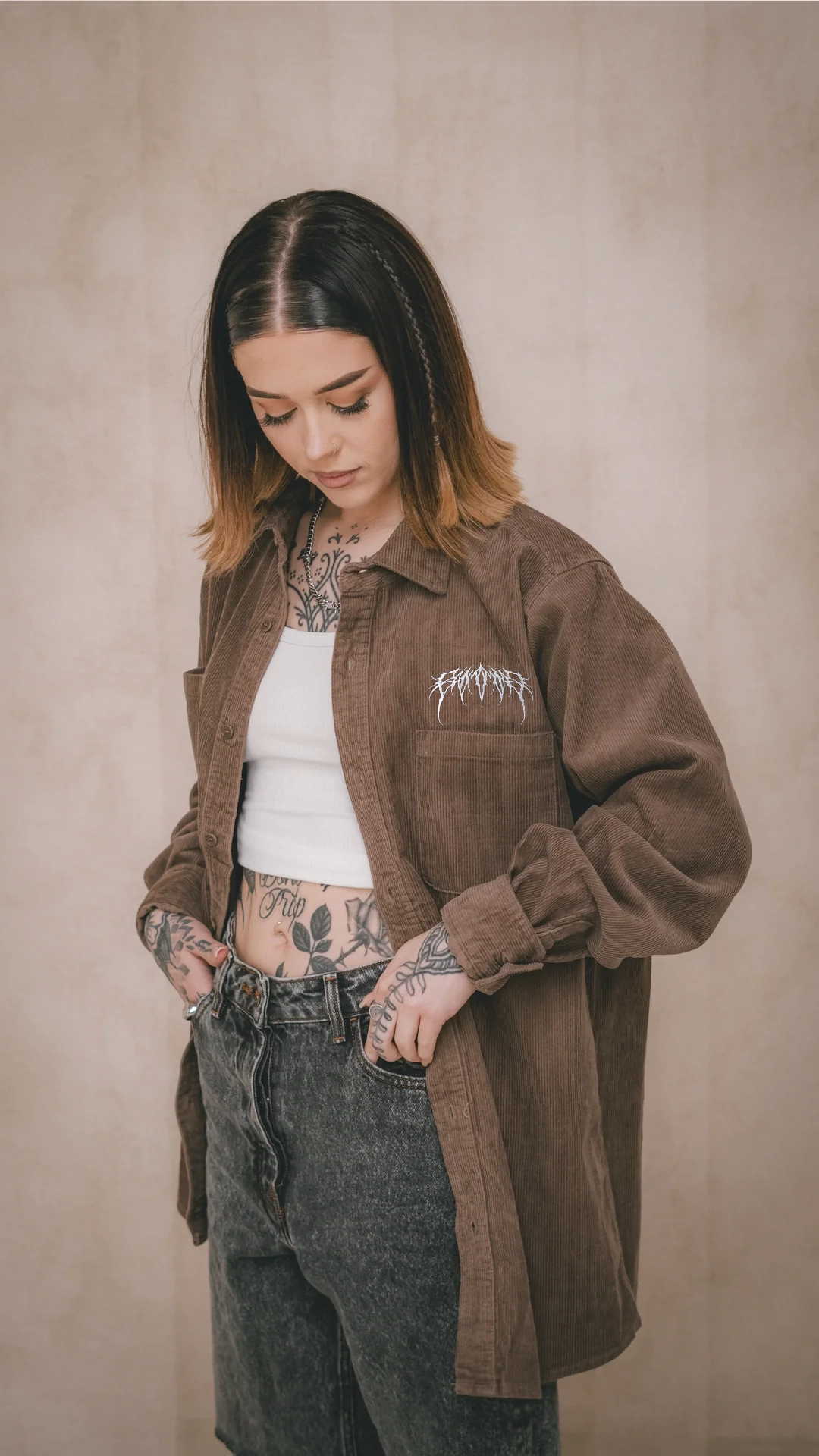 Metal Logo Cord Shirt Walnut stain resistant coating Non Restrictive Tailoring