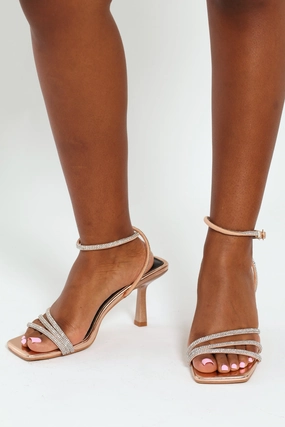 Narrow Fit 3 Strap Diamante Strappy Mule Heel - Rose Gold