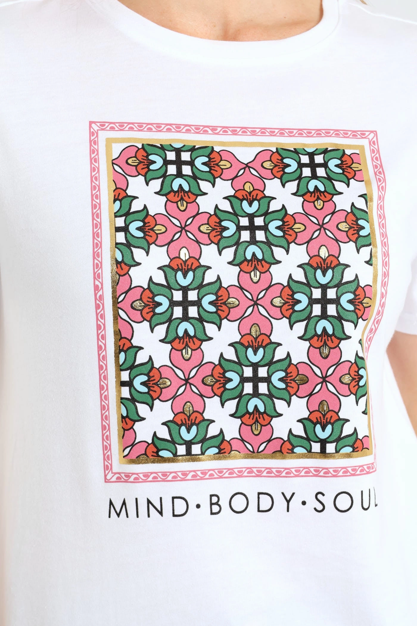 Mind Body Soul Geometric Floral Frame Foil Tee - White Airflow Vents Fashionable Shirt
