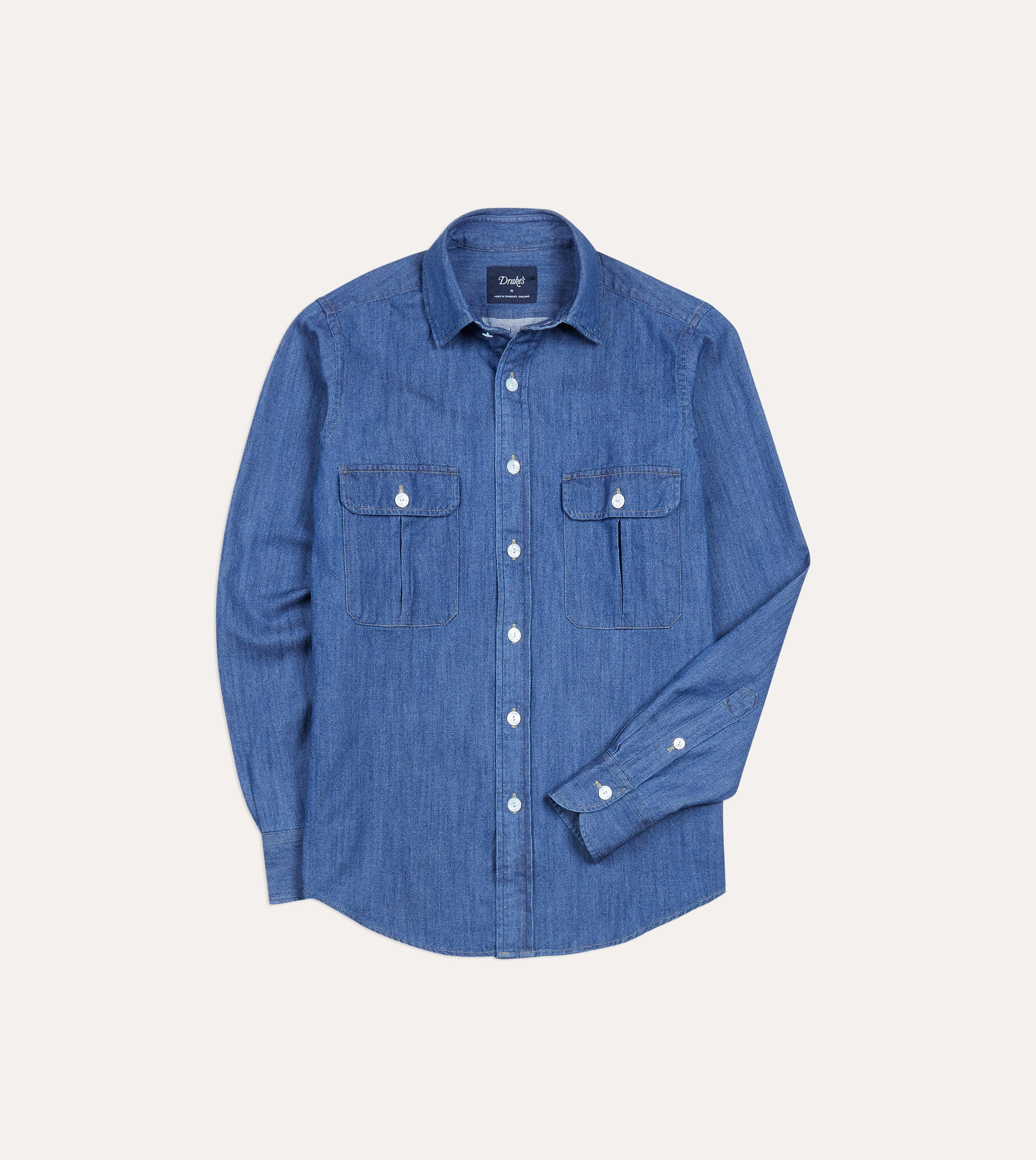 Snag Free Surface Beach Attire Mid-Blue Washed Denim Cotton Two-Pocket Work Shirt