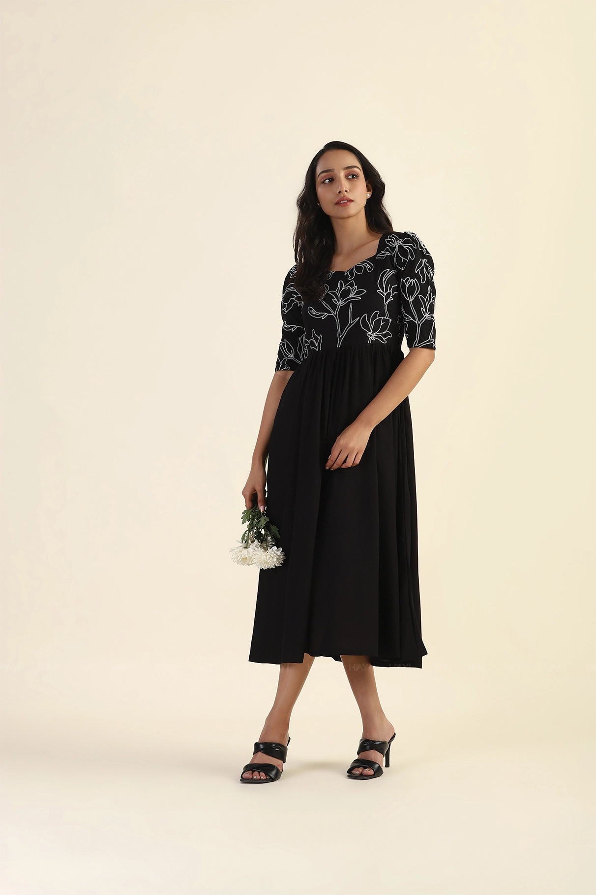 Midnight Black Shadowed Garden with Embroidery Viscose Dress Matte-finish