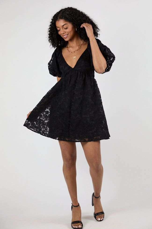 Midnight Muse Black Lace Babydoll Dress SALE Cozy Wearable Draped Silhouette