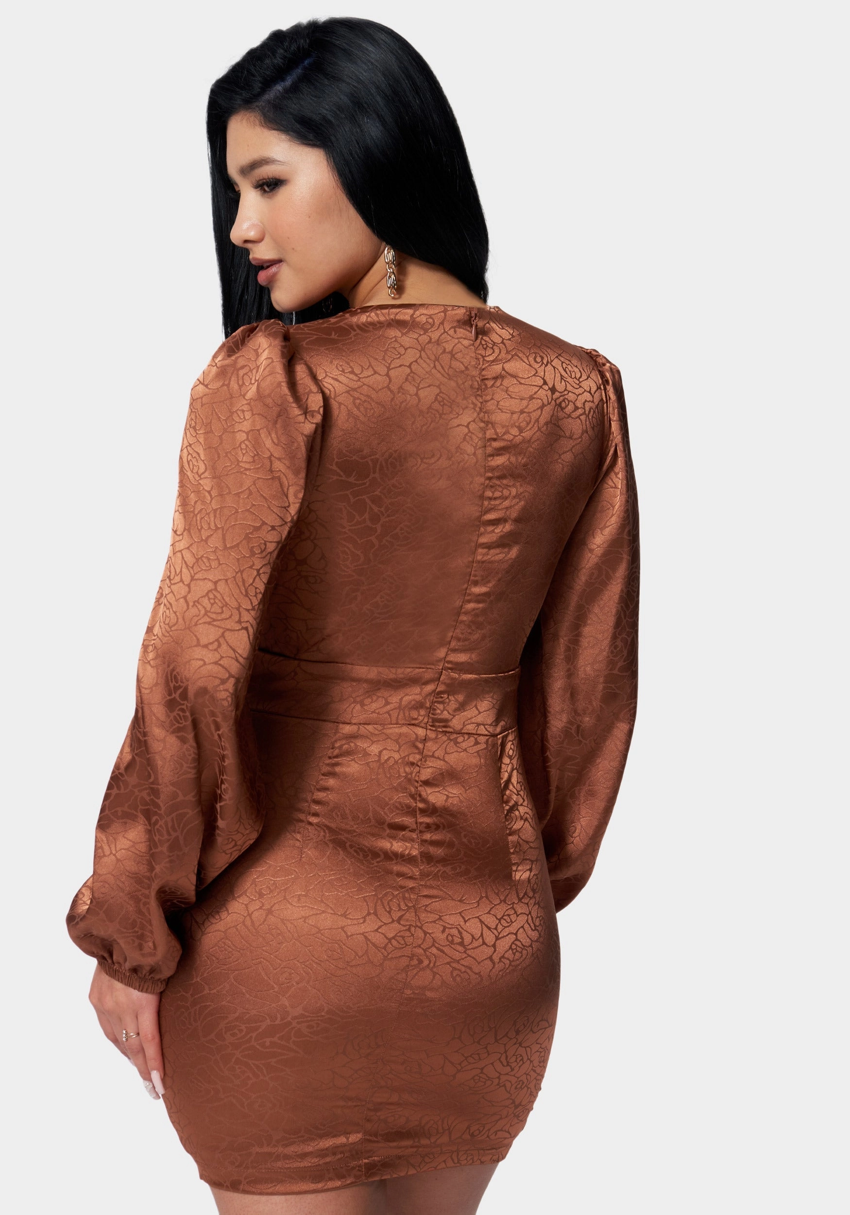 Embroidered-Sleeve Softly Structured Satin Button Up Jacquard Mini Dress