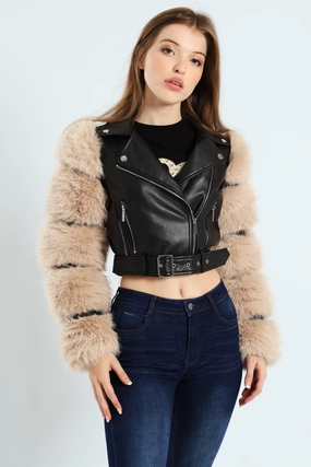 Faux Leather Biker Jacket With Faux Fur Sleeve - Black Moisture Wicking Fabric Comfort Fit