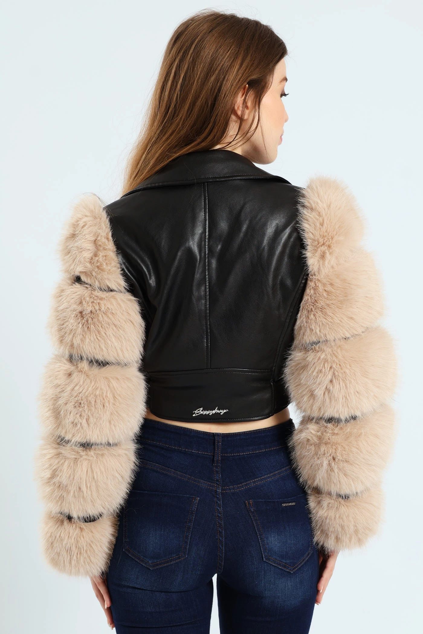 Faux Leather Biker Jacket With Faux Fur Sleeve - Black Modern Aesthetic Breathable Layer