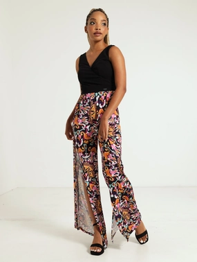 Stretch Fabric Mixed Jumpsuit With Front Slits