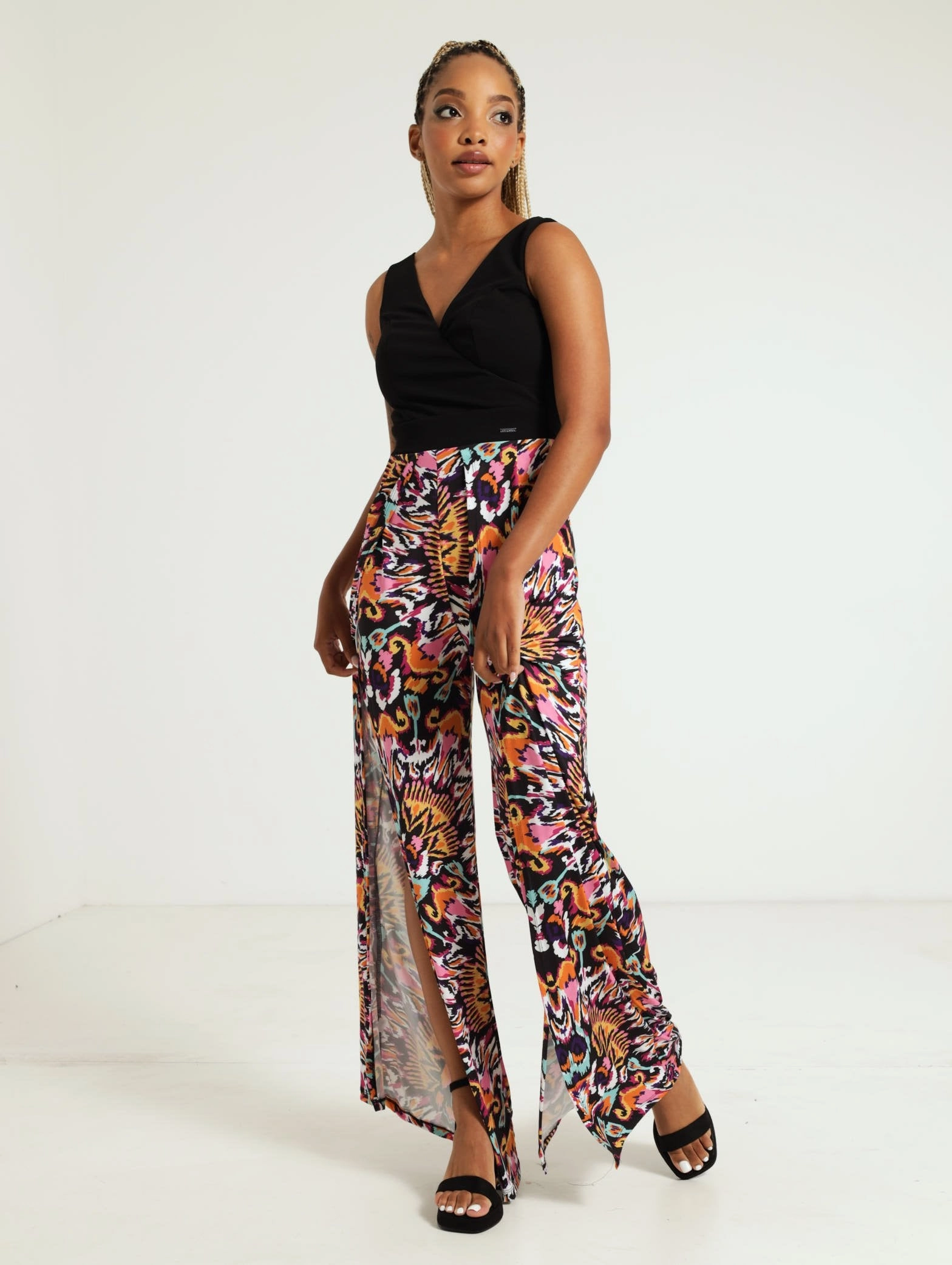 Stretch Fabric Mixed Jumpsuit With Front Slits