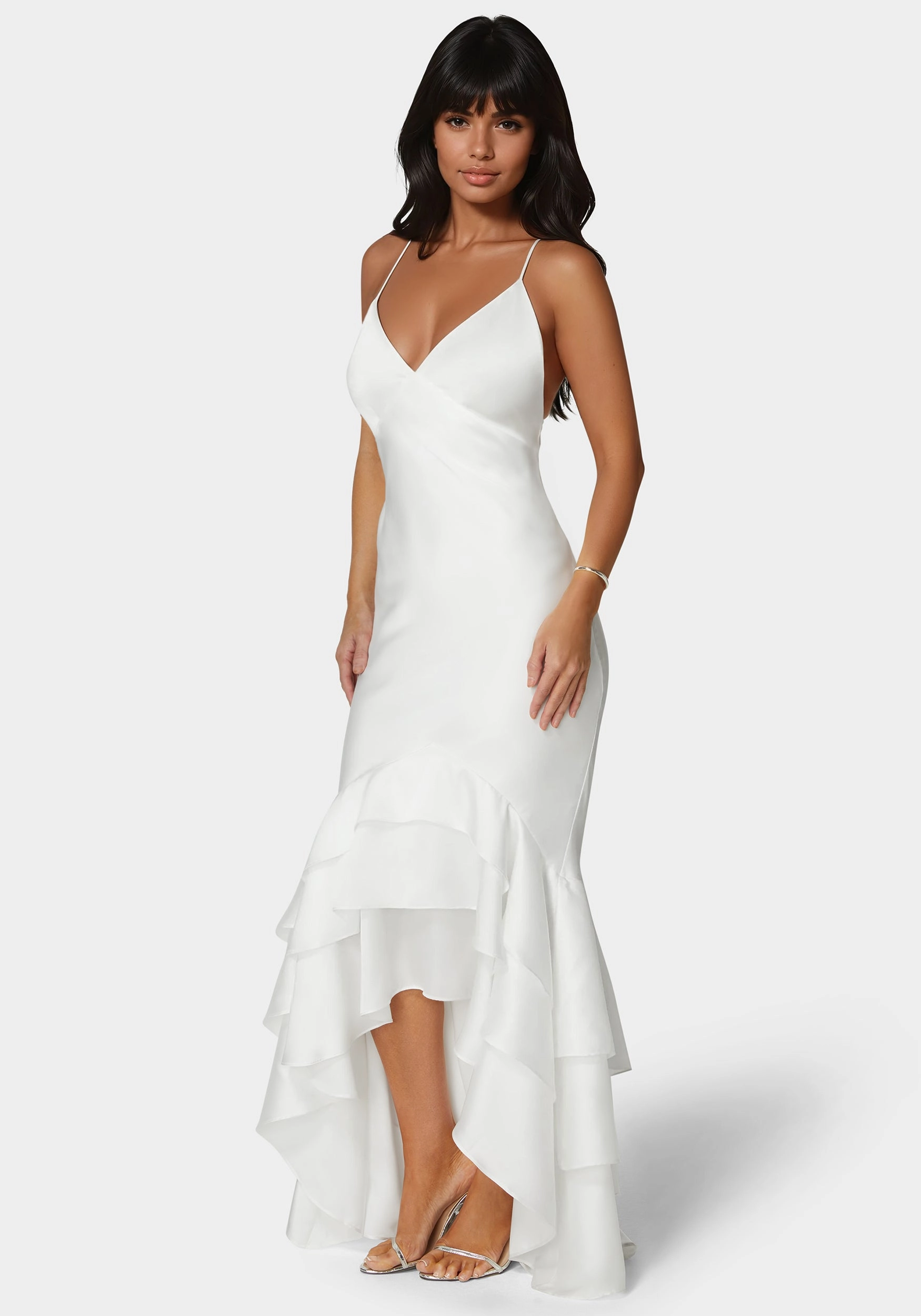Tiered Satin High Low Gown Gentle Stitch Scalloped-Edge