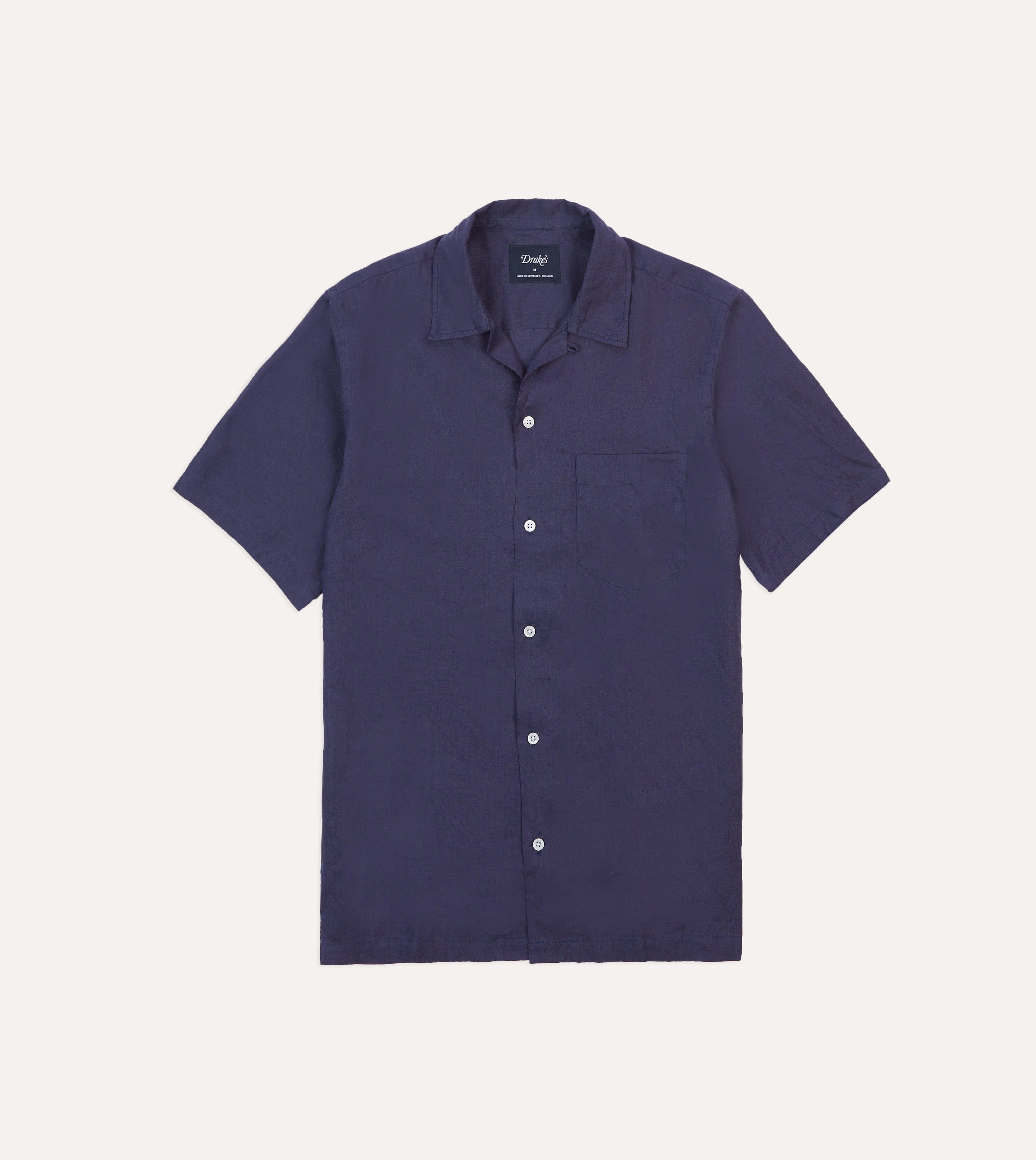 Unisex style Embroidered Detail Navy Linen Camp Collar Short Sleeve Shirt