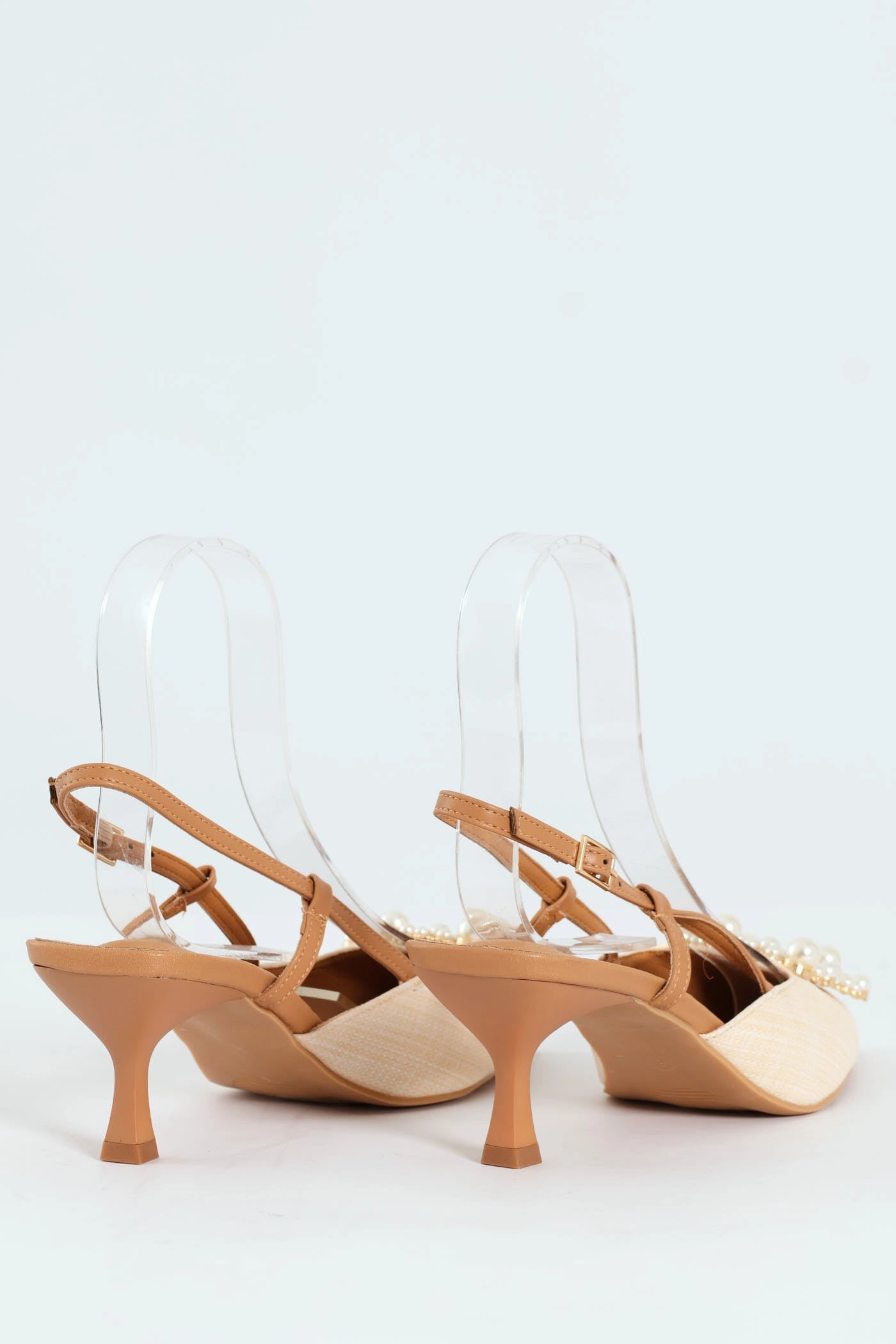 Satin Pumps Raffia Slingback With Diamante Kitten Heel - Off White