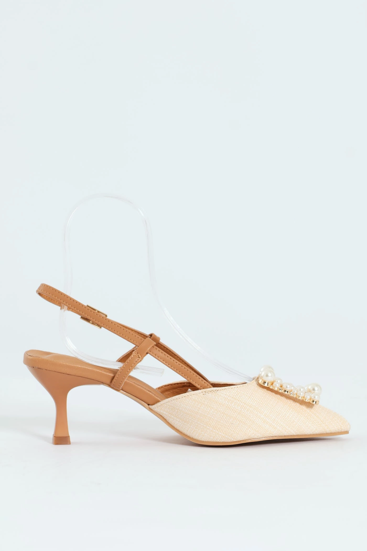 Raffia Slingback With Diamante Kitten Heel - Off White Gold High Heeled Sandals