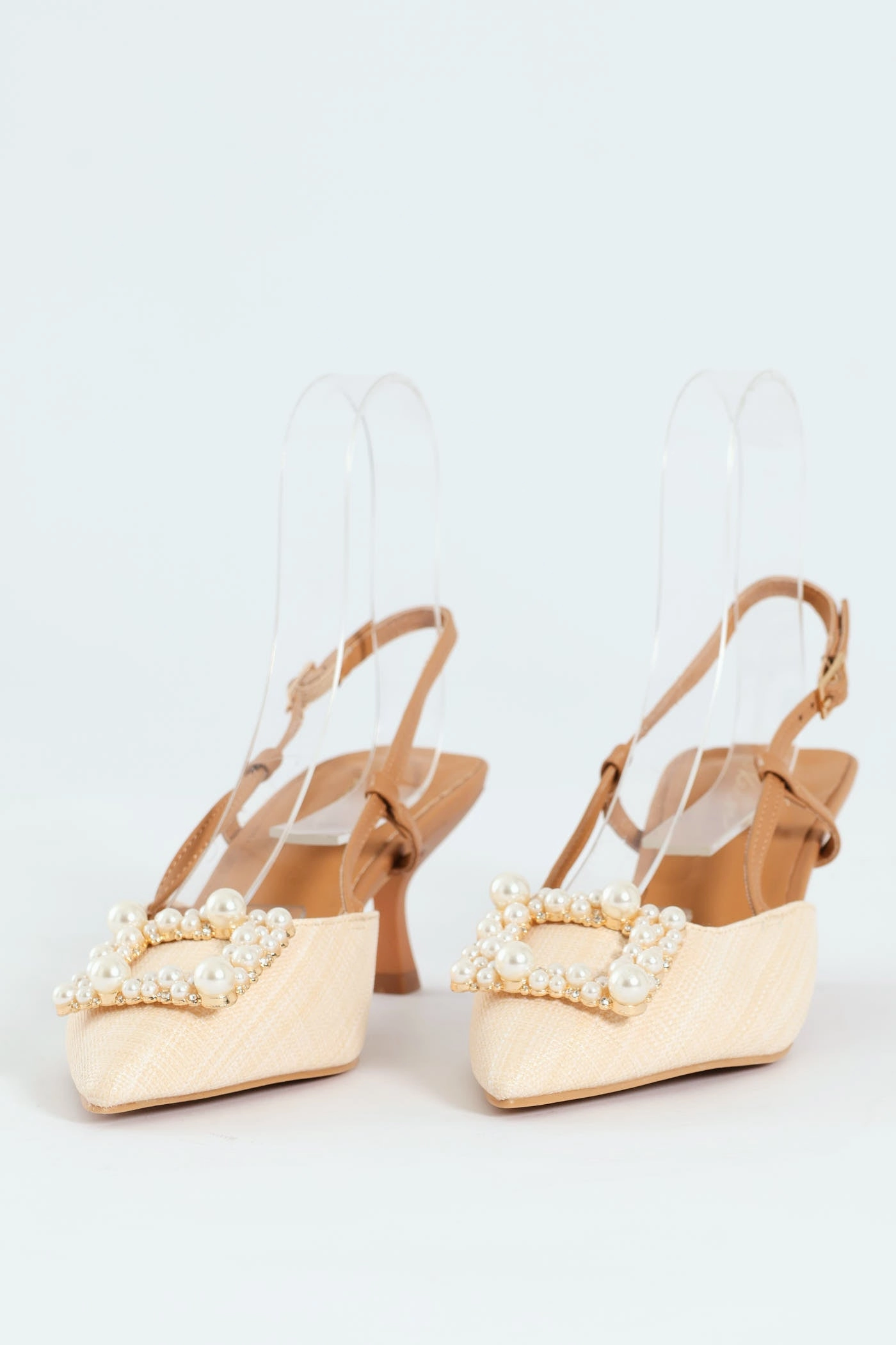 Pink Stiletto Heels Classic Sandals Raffia Slingback With Diamante Kitten Heel - Off White