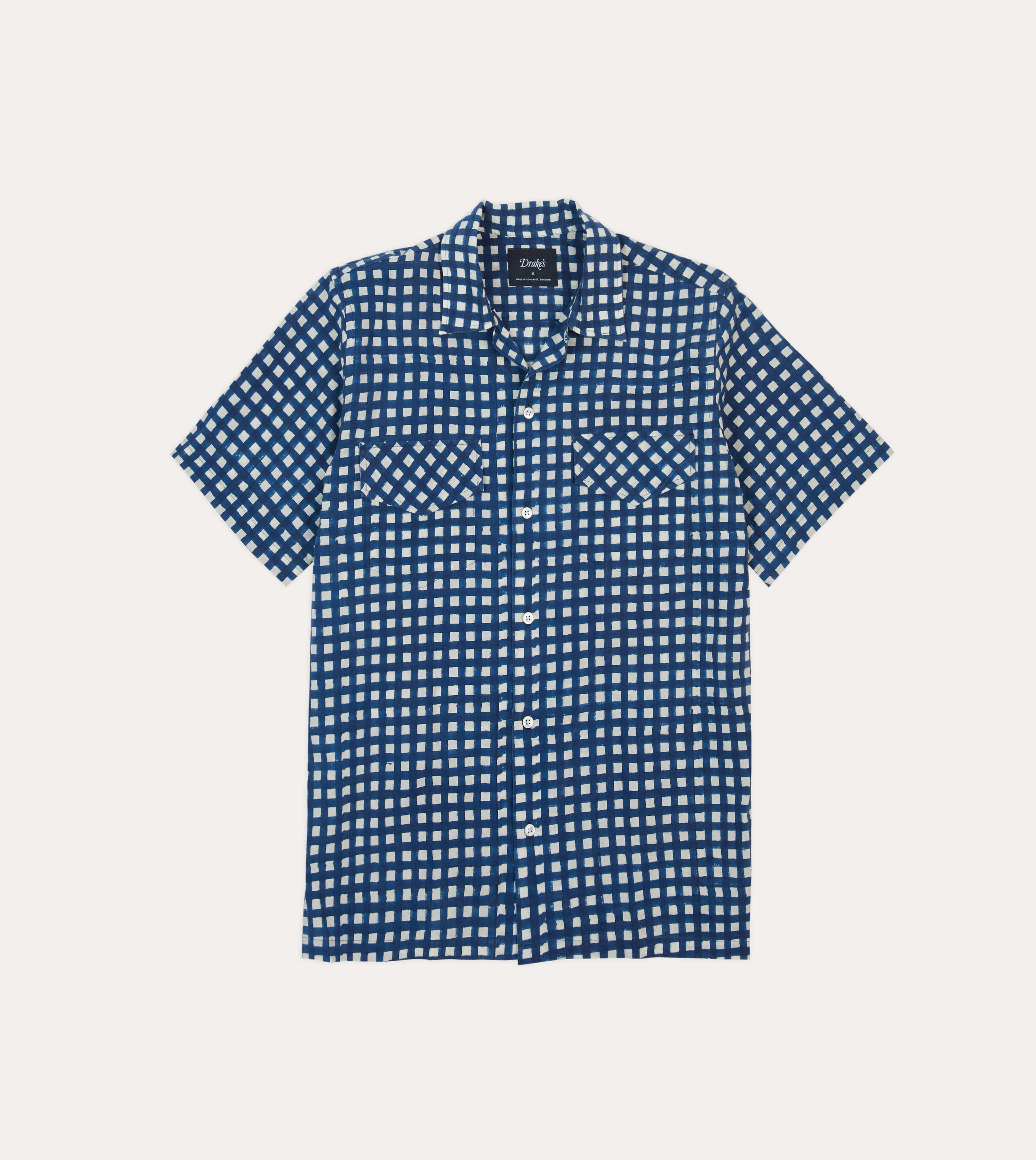 Navy Gingham Check Block Print Cotton Camp Collar Short Sleeve Shirt Luxurious Feel Durable Stitching