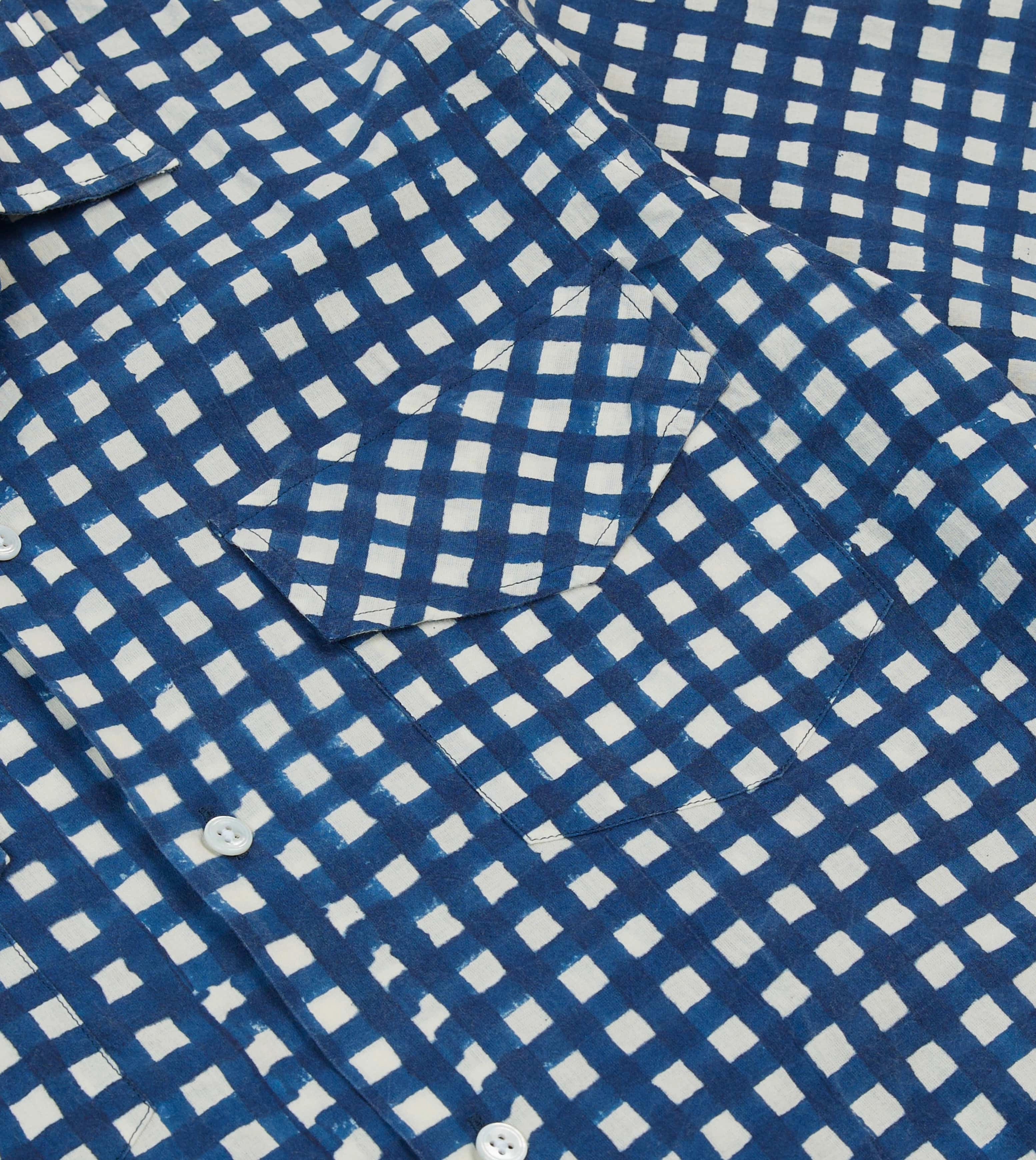 Navy Gingham Check Block Print Cotton Camp Collar Short Sleeve Shirt Formal Elegance