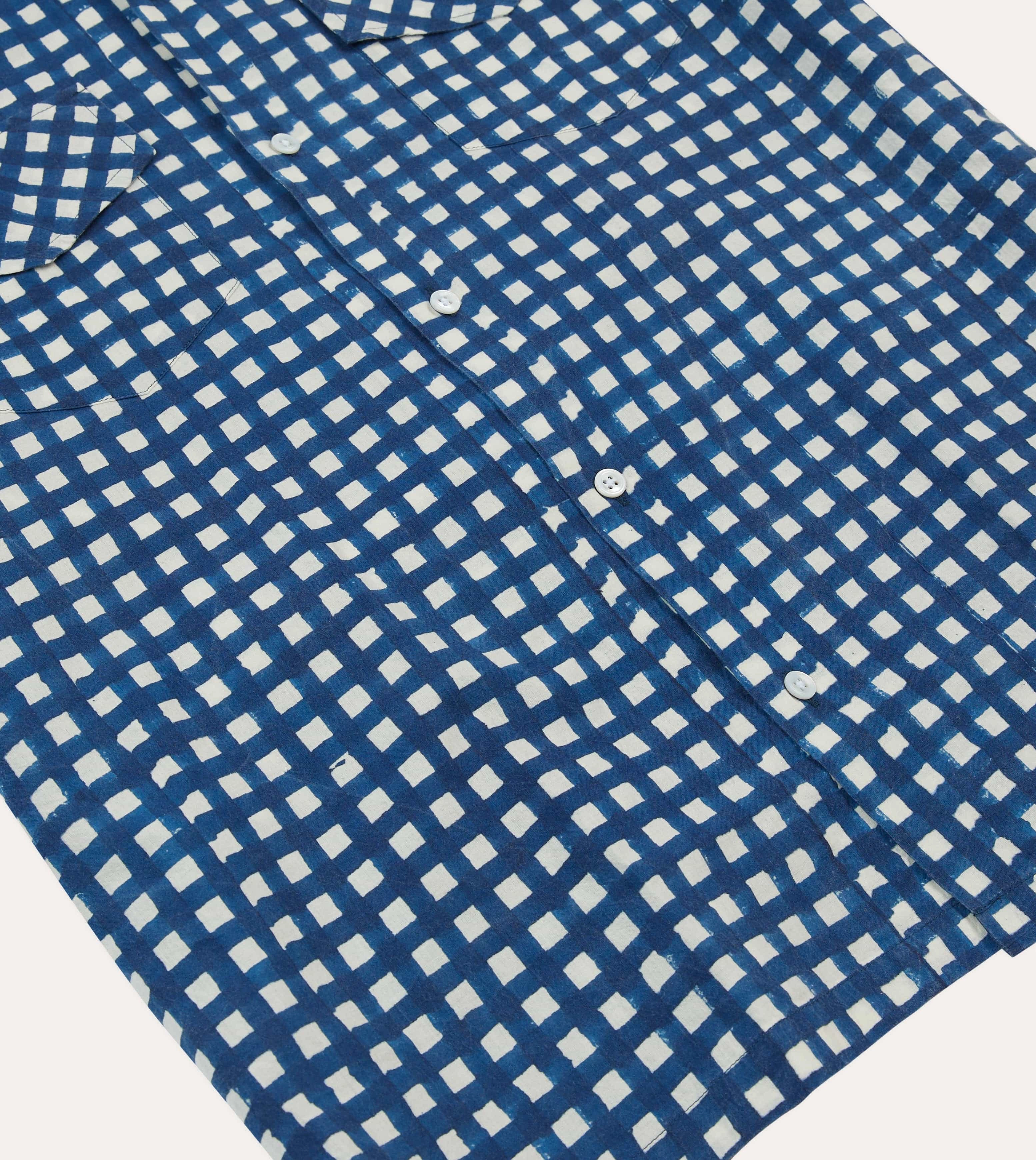 Moisture Management Tech Navy Gingham Check Block Print Cotton Camp Collar Short Sleeve Shirt