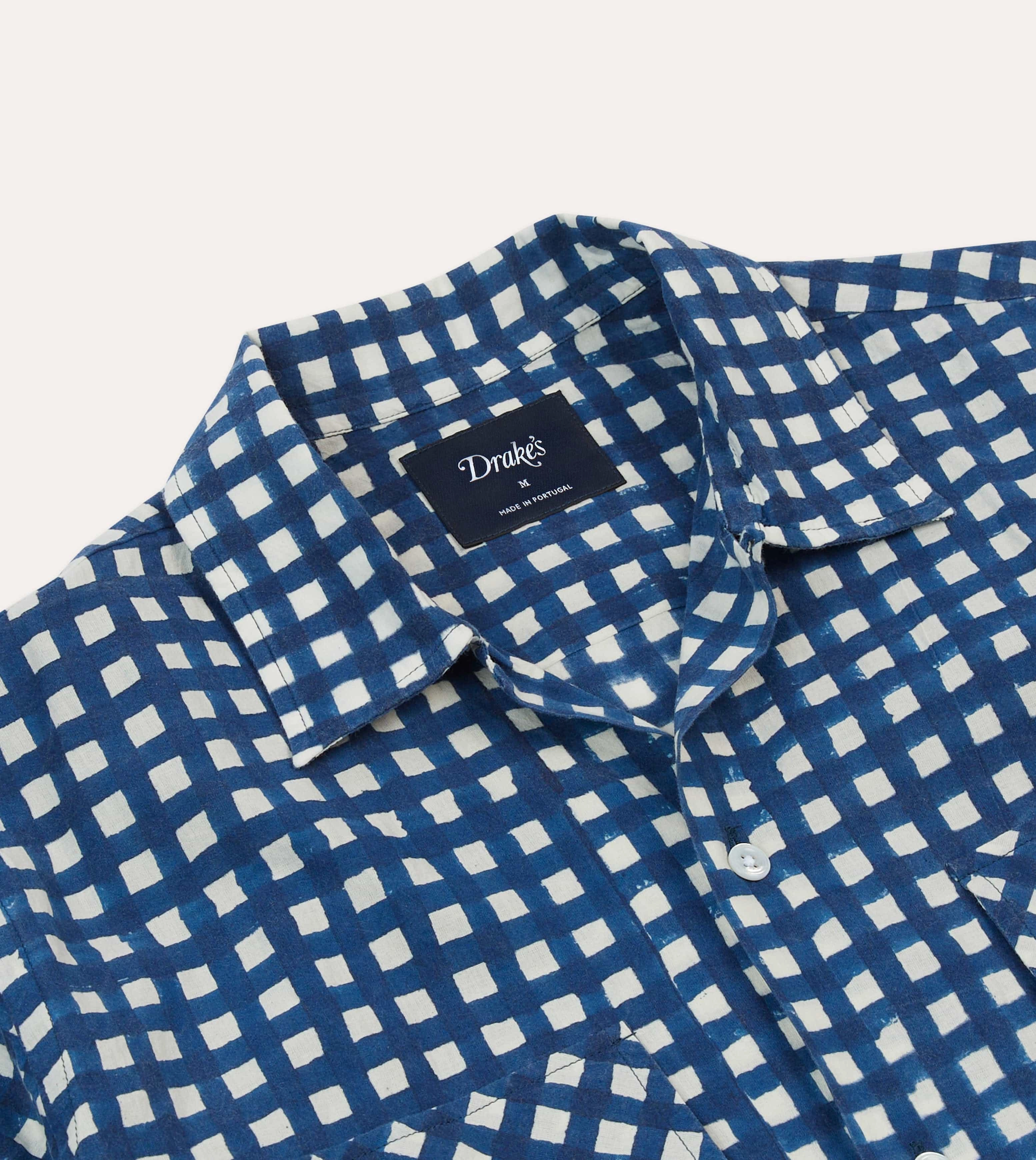 Winter Essentials Navy Gingham Check Block Print Cotton Camp Collar Short Sleeve Shirt
