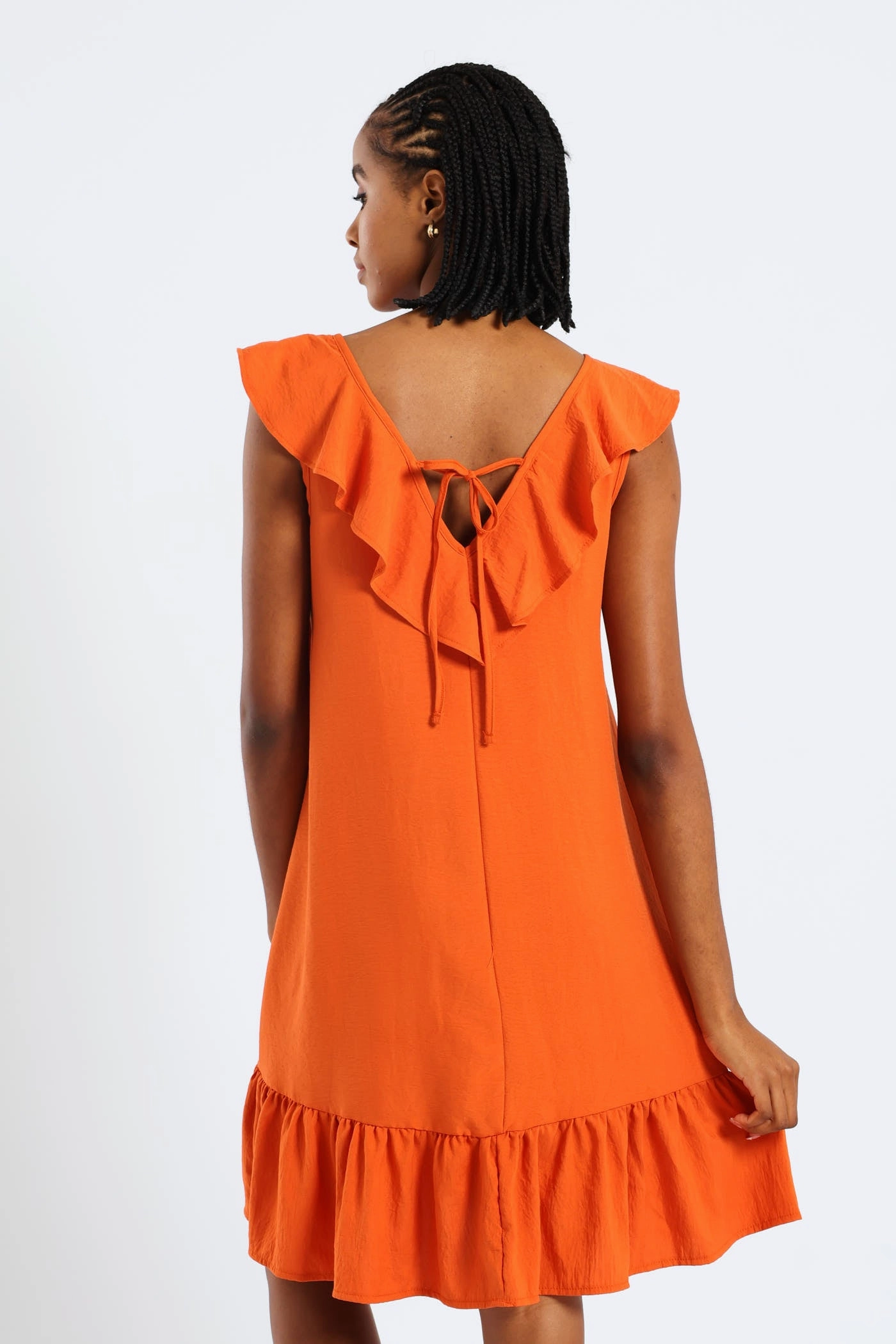 Layered Fabric Sleeveless V-Neck Frill Mini Hem Dress - Burnt Orange