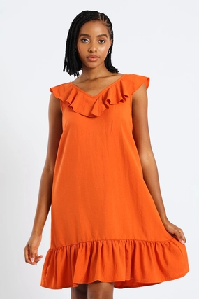 Sleeveless V-Neck Frill Mini Hem Dress - Burnt Orange Sophisticated Style Casual Feel
