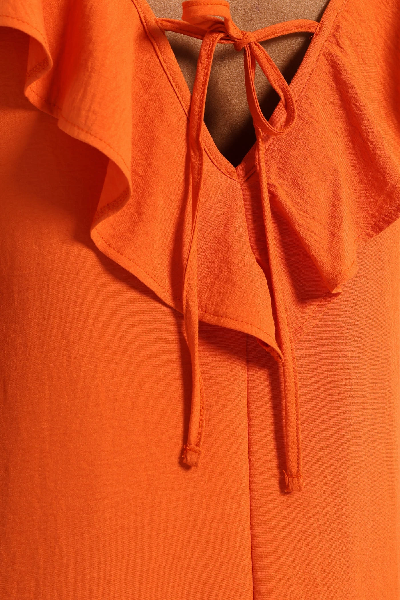 Feather Light Natural Silhouette Sleeveless V-Neck Frill Mini Hem Dress - Burnt Orange