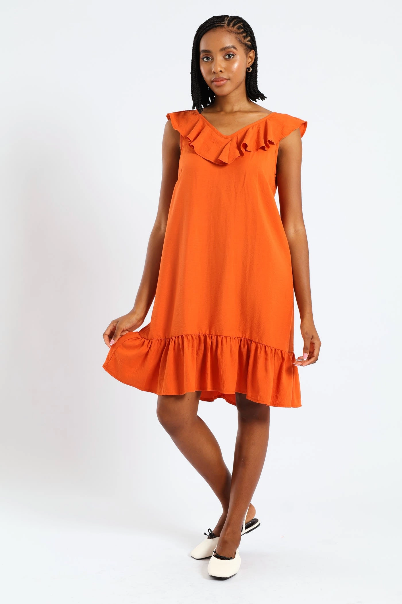 Sleeveless V-Neck Frill Mini Hem Dress - Burnt Orange Trendy Style Urban Aesthetic