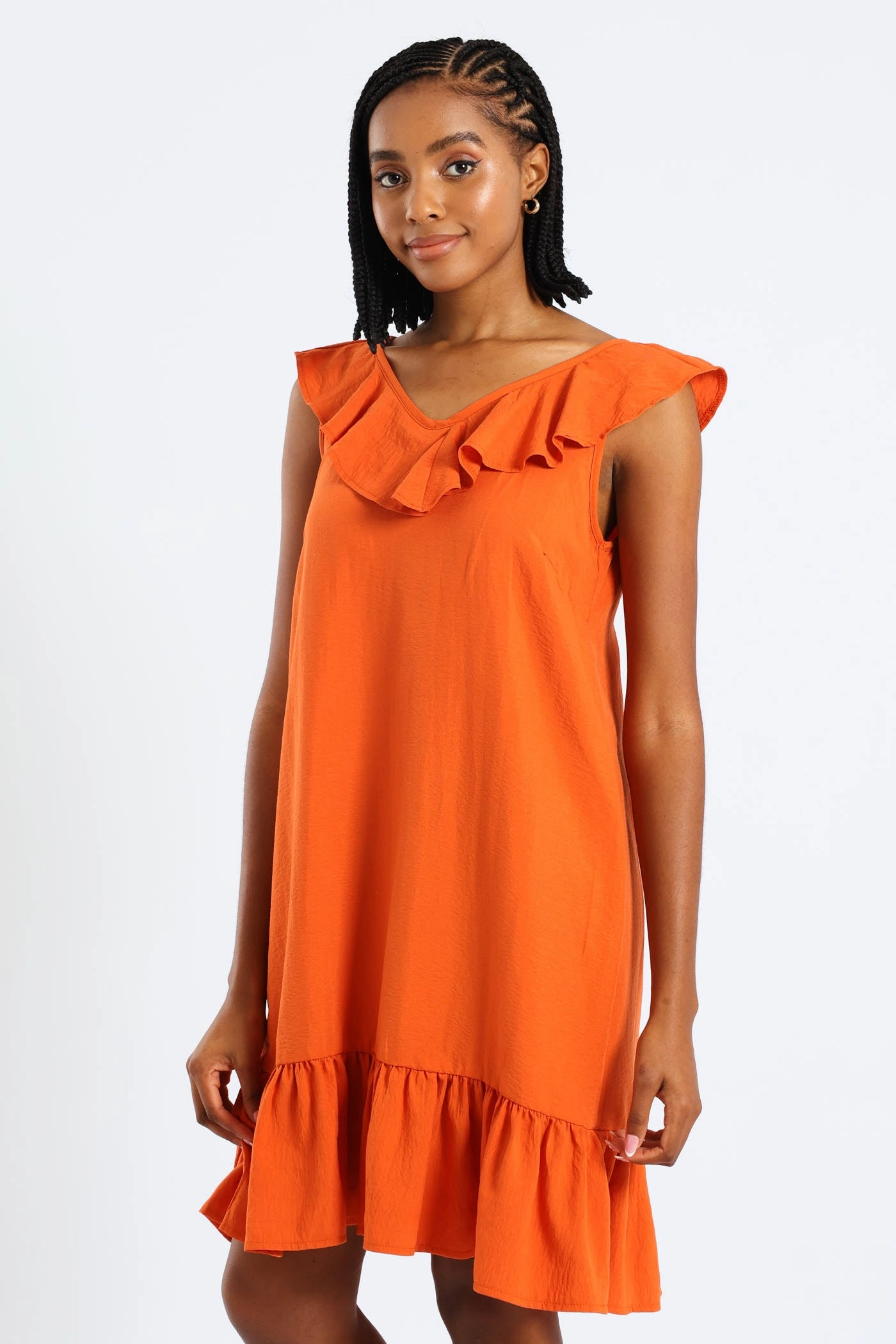 Sleeveless V-Neck Frill Mini Hem Dress - Burnt Orange Vintage Vibe Stain-Resistant
